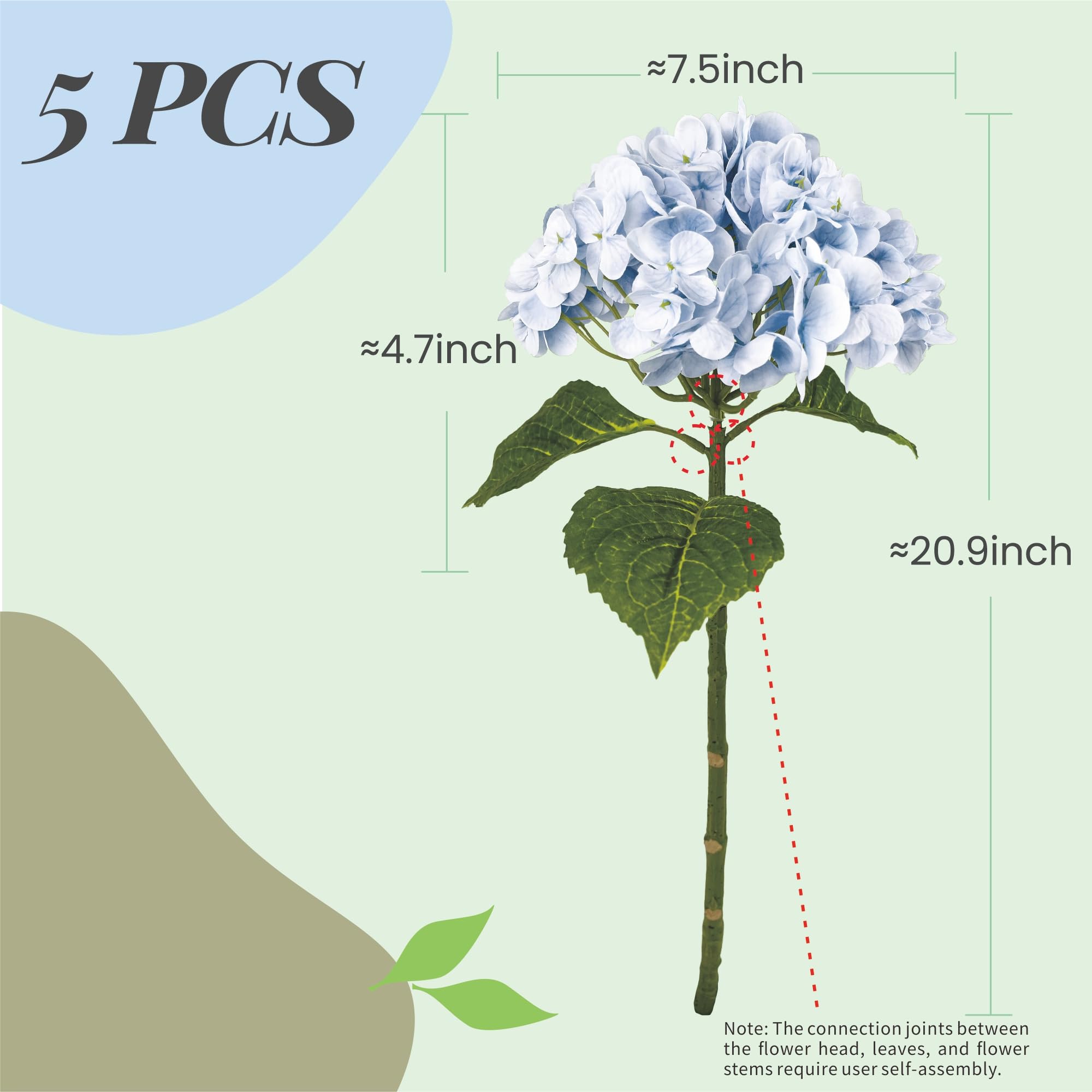 Yatim 53,3 cm Blaue künstliche Hortensien-Blumen, 5 Stück, künstliche Hortensien, Seidenblumen für Hochzeit, Tafelaufsätze, Blumensträuße, DIY, Heimdekoration mit Stielen