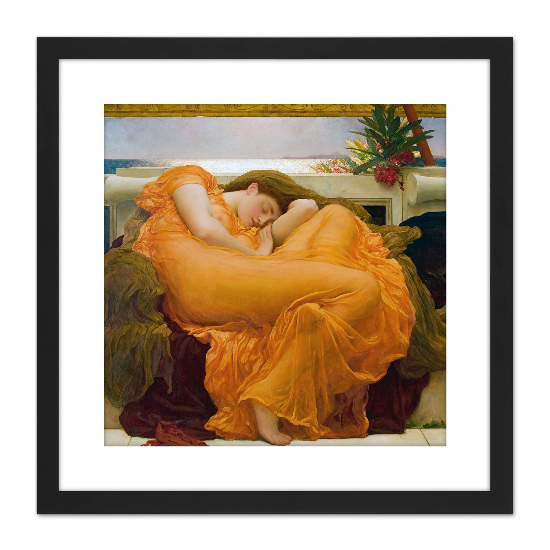 Artery8 Leighton Flaming June Painting 9X9 Inch Square Wooden Framed Wall Art Print Picture with Mount