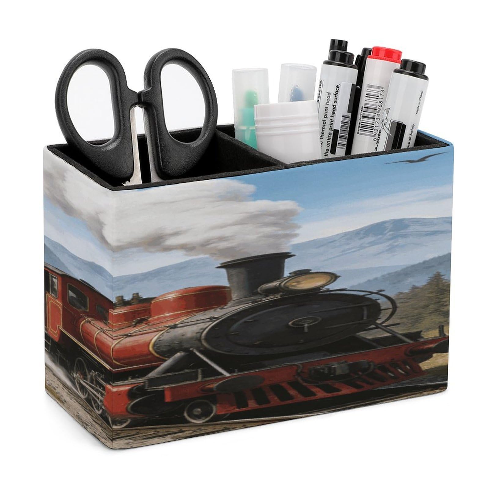 LZQPOEAS Train Pen Holder Double Compartments Pen Cup Makeup Brush Holders Leather Pencil Holder Locker Organizer for Work Locker Accessories Modern Pencil Cup for Desk