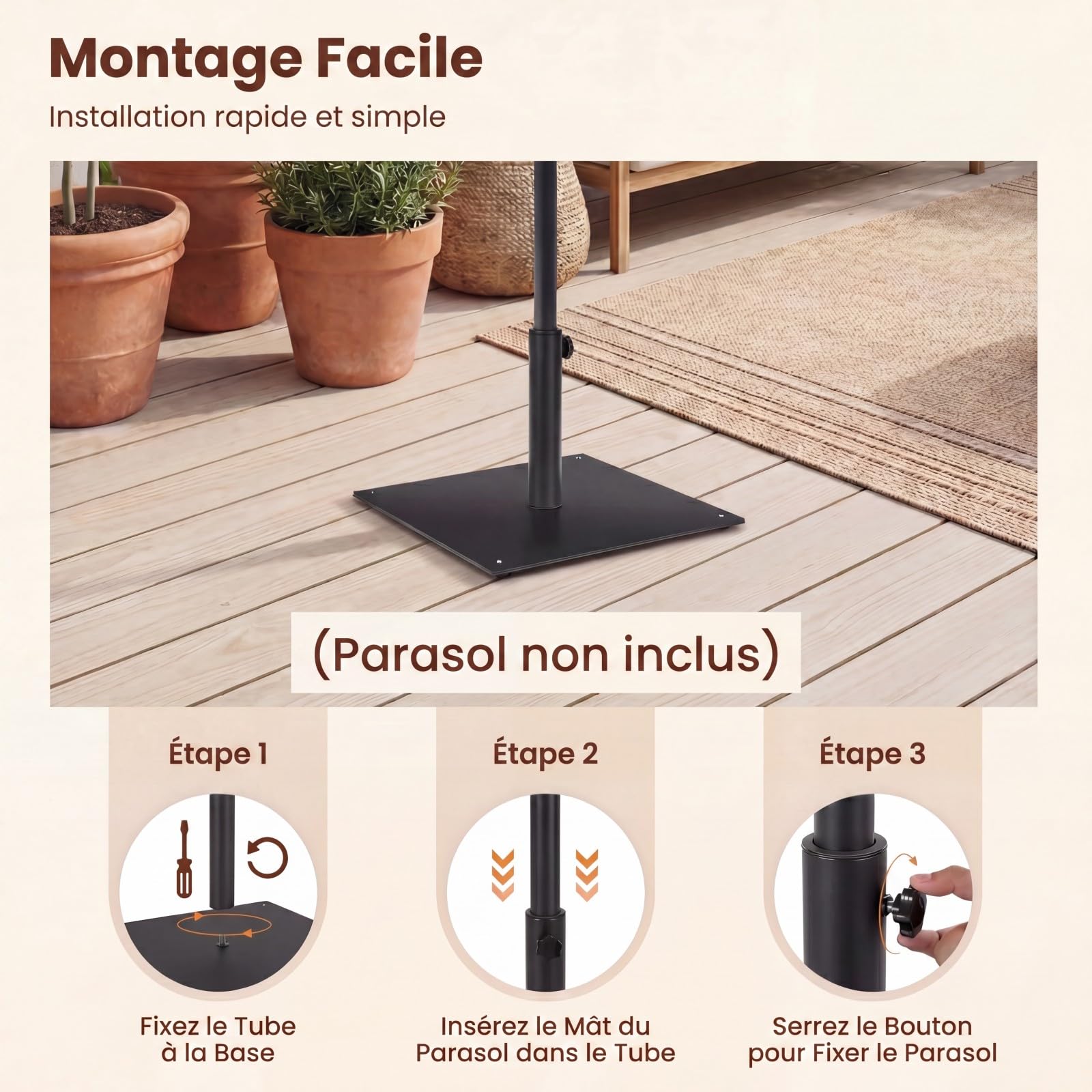 RELAX4LIFE Pied de Parasol Lourd en Métal 16 KG pour Poteaux φ41-49 MM, Support Parasol Carré avec 4 Patins Réglables, Socle Parasol Extérieur 50x50 CM pour Patio Terrasse Jardin (Noir)