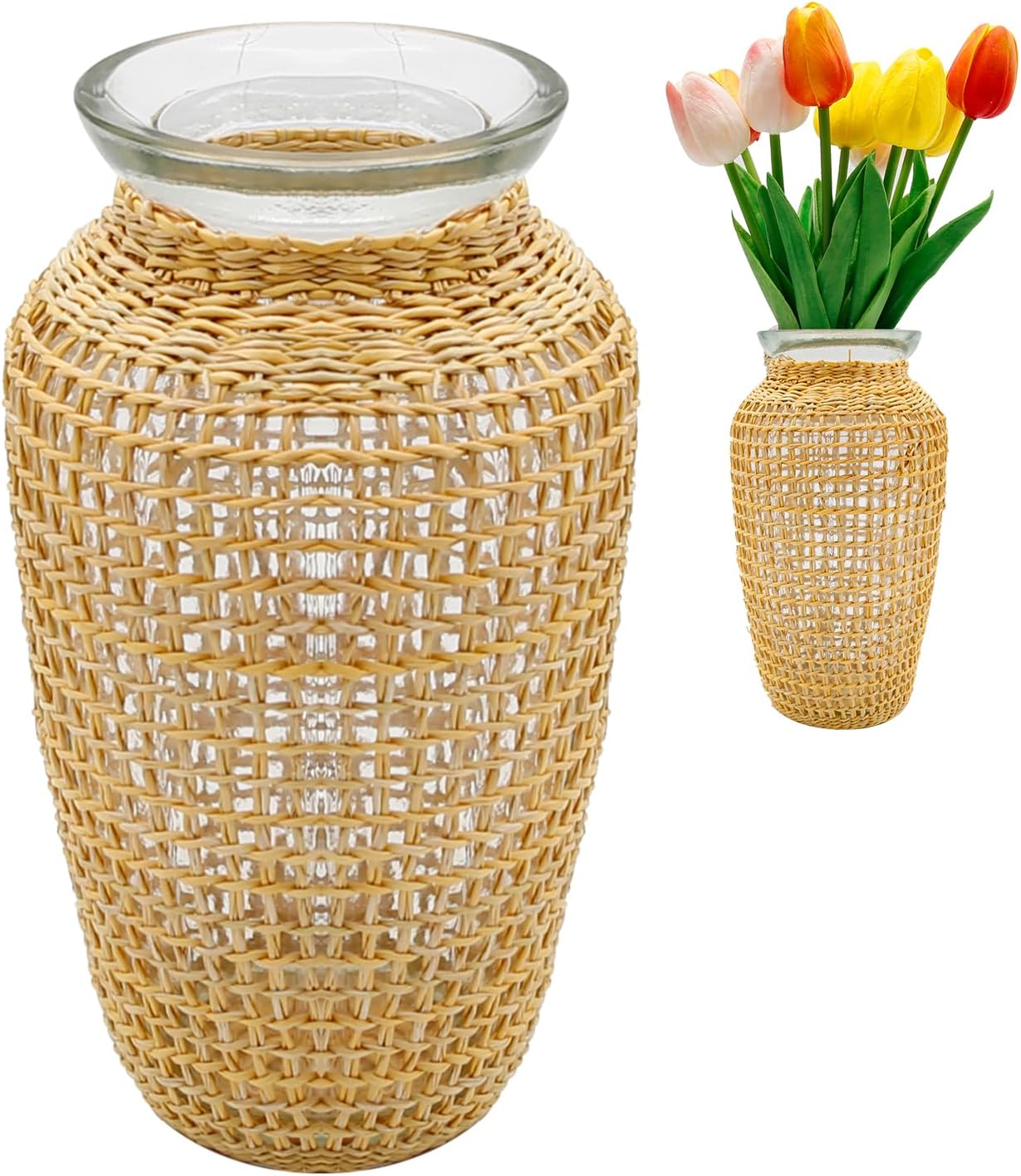 MDEOOSKY Straw Woven Glass Vase 7.9''x2.36''x3.5''Boho Glass Flower Vase Country Rustic Style Vase Glass Vase for Floral Arrangements Bottle Height (A Style 7.9IN)