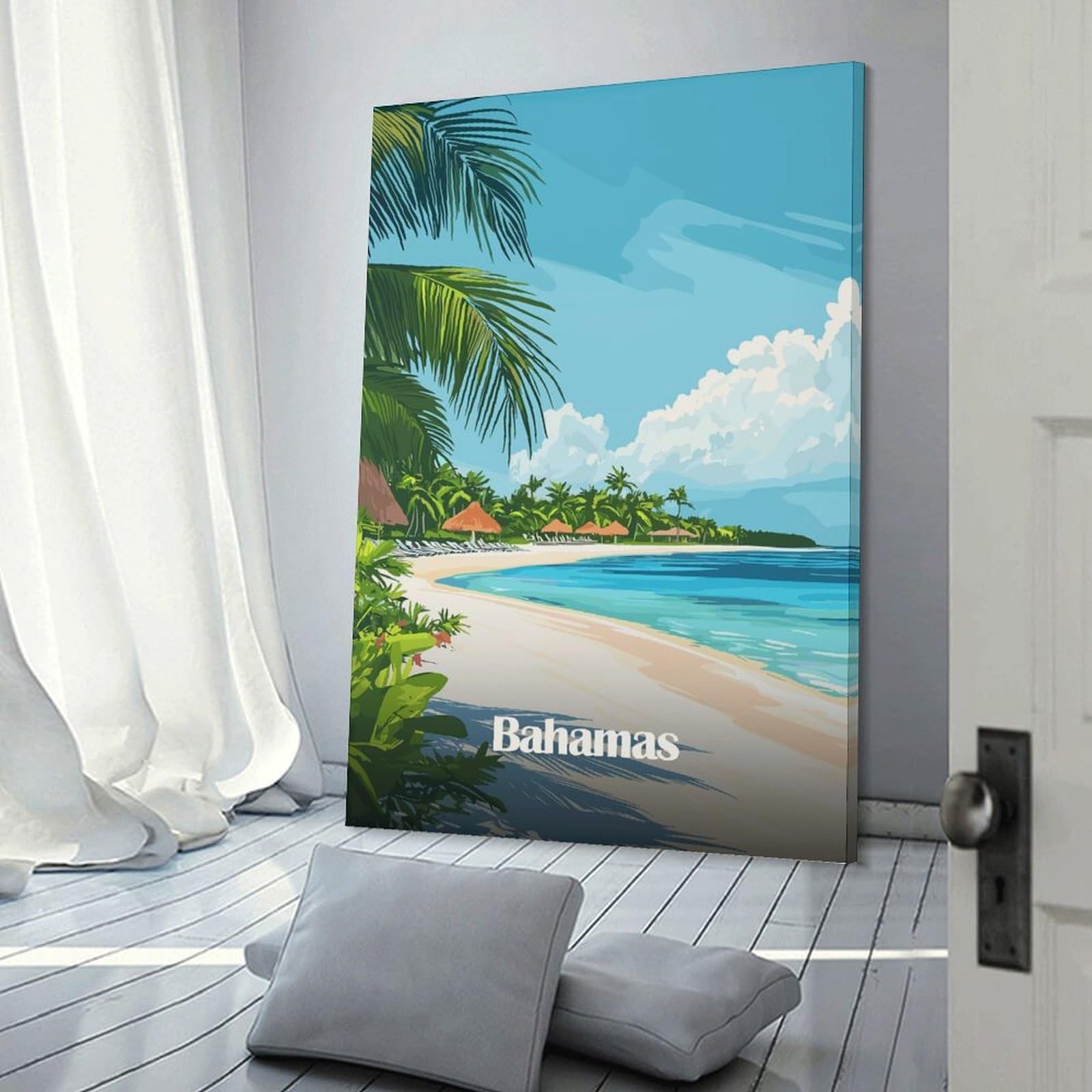 Junmoney Frame-Style-13 Decorative Wall Artwork Bahamas Beach Scene, 12X18inch(30X45cm), For New Homes, Bedrooms Or Workspaces, Canvas Artwork With Gifting Potential