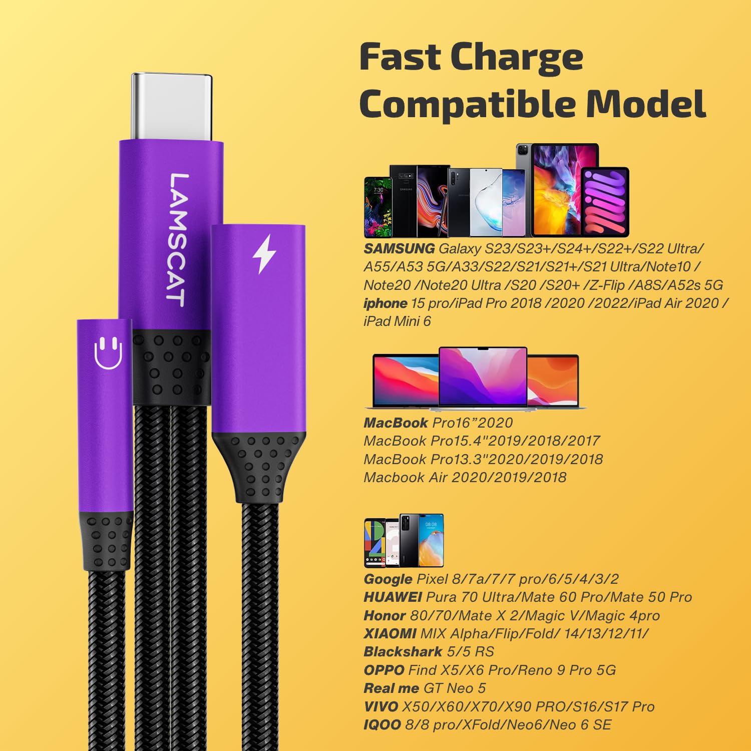 2 in 1 Adattatore Jack per Cuffie da USB C a 3,5 mm, adattatore per cuffie Android Cellulare PD 60W, compatibile con Samsung, Pixel, pad Mini 6 e più (viola)