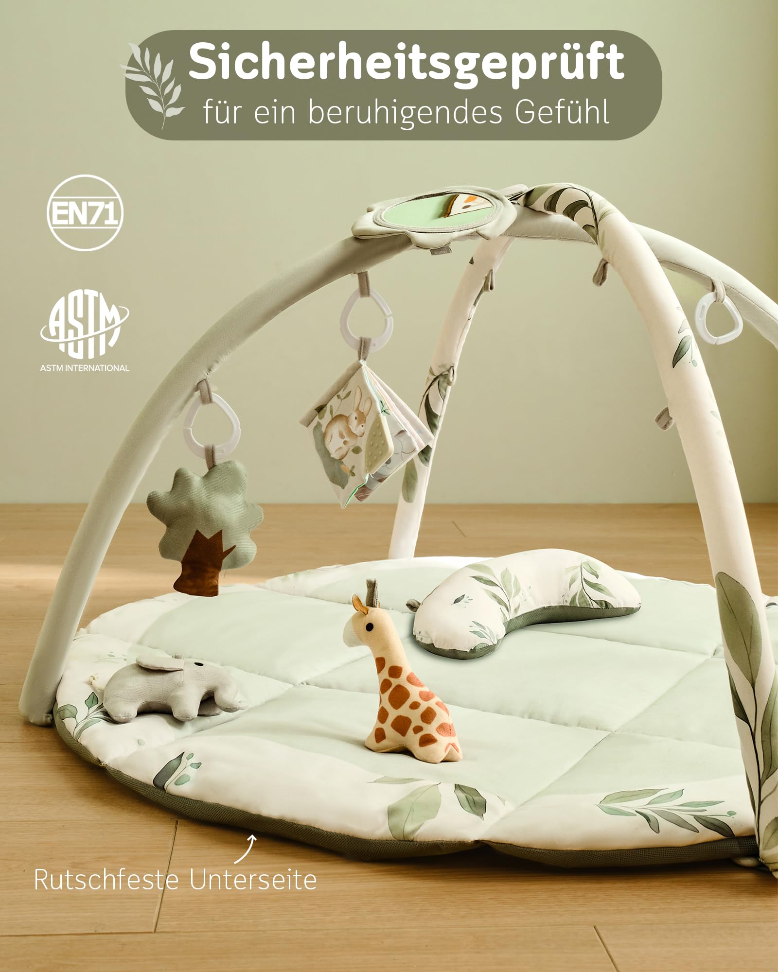 Fortella Spielbogen Baby, Spielmatte mit Bauchzeit Kissen und 5 Sensorik Spielzeug Abnehmbarem,Naturthemen Krabbeldecke für Babys ab der Geburt, Neugeborene & Kinder, 0-6-9-12 Monate-Salbeigrün