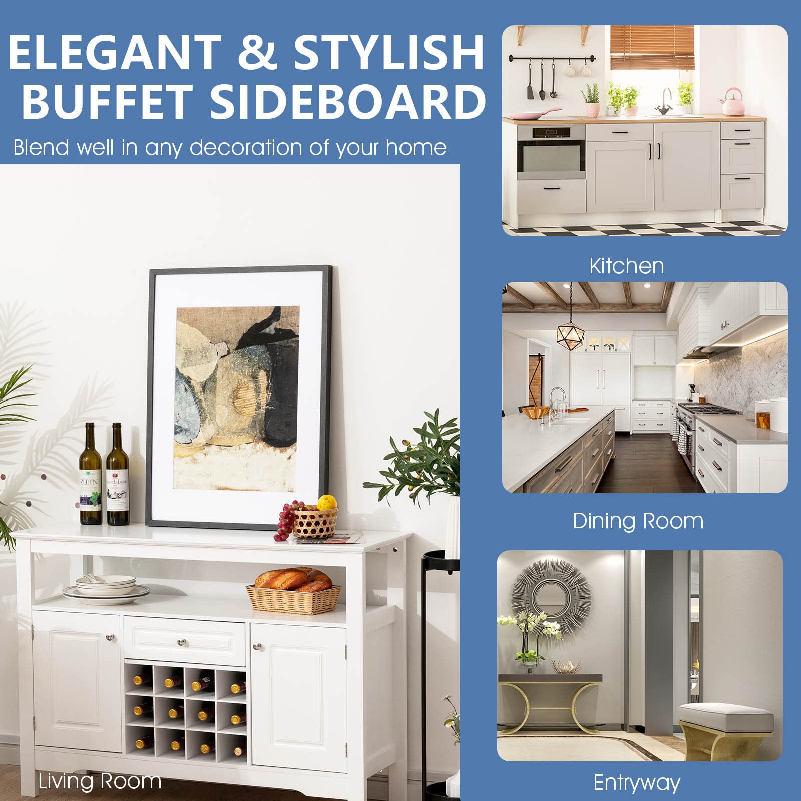 LIFEZEAL Credenza Cucina, Mobile Soggiorno, Madia, Armadietto, Bianco, con Cassetto, 2 Ante, 2 Ripiani, 12 Portabottiglie Rimovibili, Moderno, per Salotto, Sala da Pranzo, Bar, Legno, 117x40,5x85,5cm