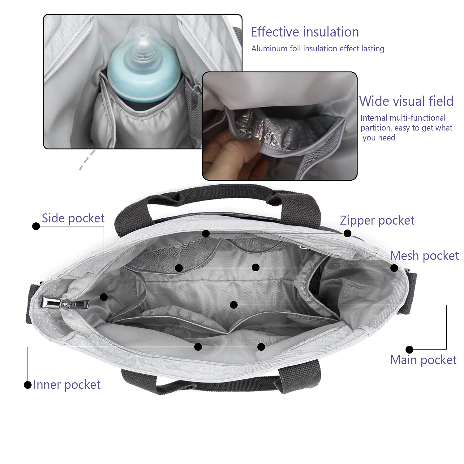 ROYALFAIR Baby Wickeltasche Klein für Unterwegs Reise Wickeltasche Bote Messenger mit Isoliertasche und Befestigungshaken (40 x 28 x 12.8 CM, Grau)