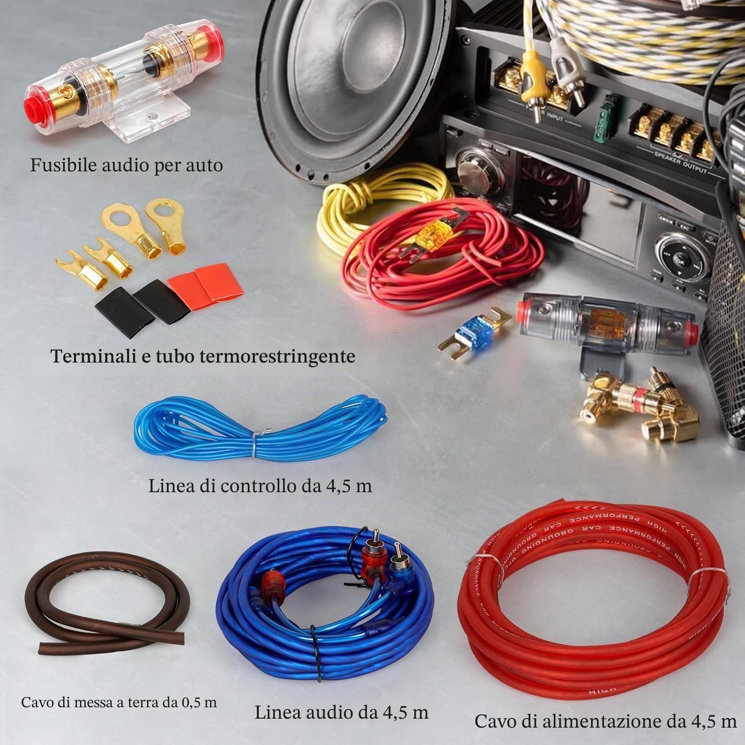 15pcs Set di Cavi per Amplificatori per Auto, 10GA Kit Completo Audio Auto, Kit Cablaggio Amplificatore Auto Subwoofer Audio, 1500W Stereo Subwoofer con Fusibile per Auto Camion Moto