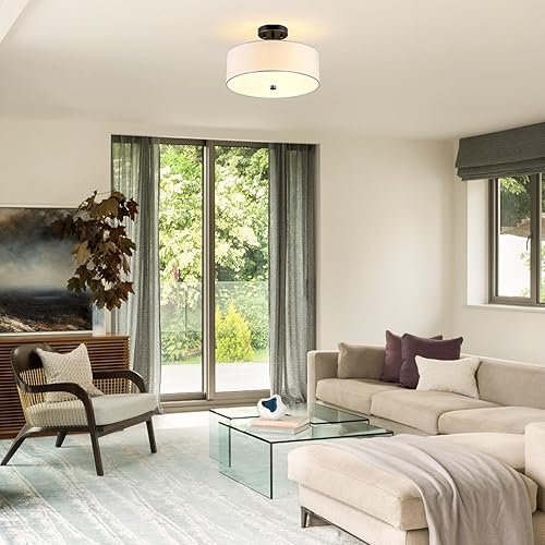 Miniatura 6 de Lámpara de techo semiempotrada de 3 luces, luz de tambor negra de 13 pulgadas, moderna lámpara de techo con pantalla de tela blanca para dormitorio,
