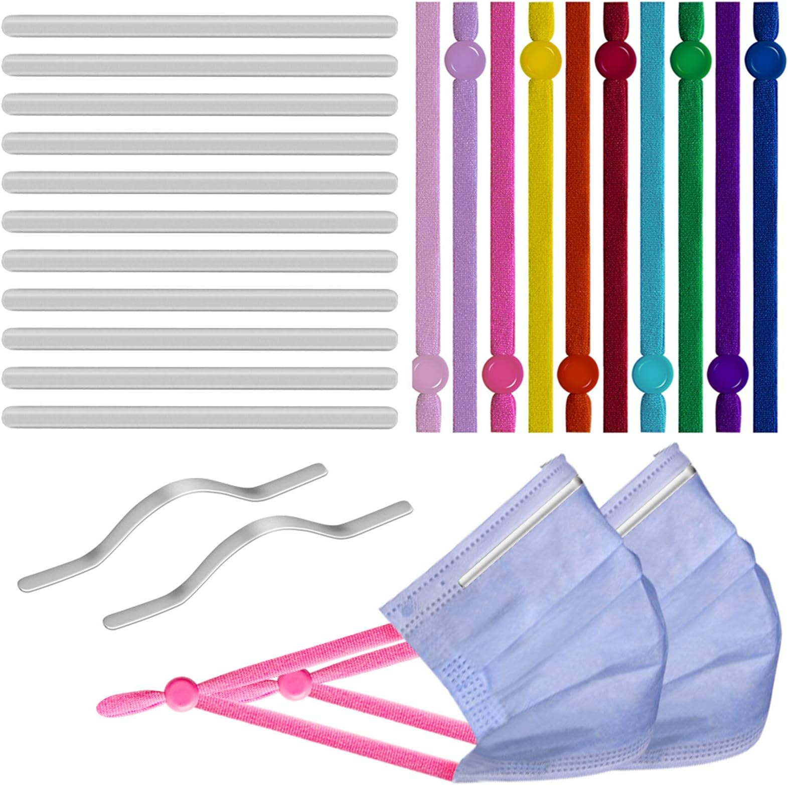Kalolary 200pcs 5mm Flat Elastic Bands with Adjustable Buckle, 100 Pieces Self-Adhesive Aluminum Nose Clips Bendable Metal Strip for Adult Children Face Cover Making DIY Crafts Supplies (10 Colors)