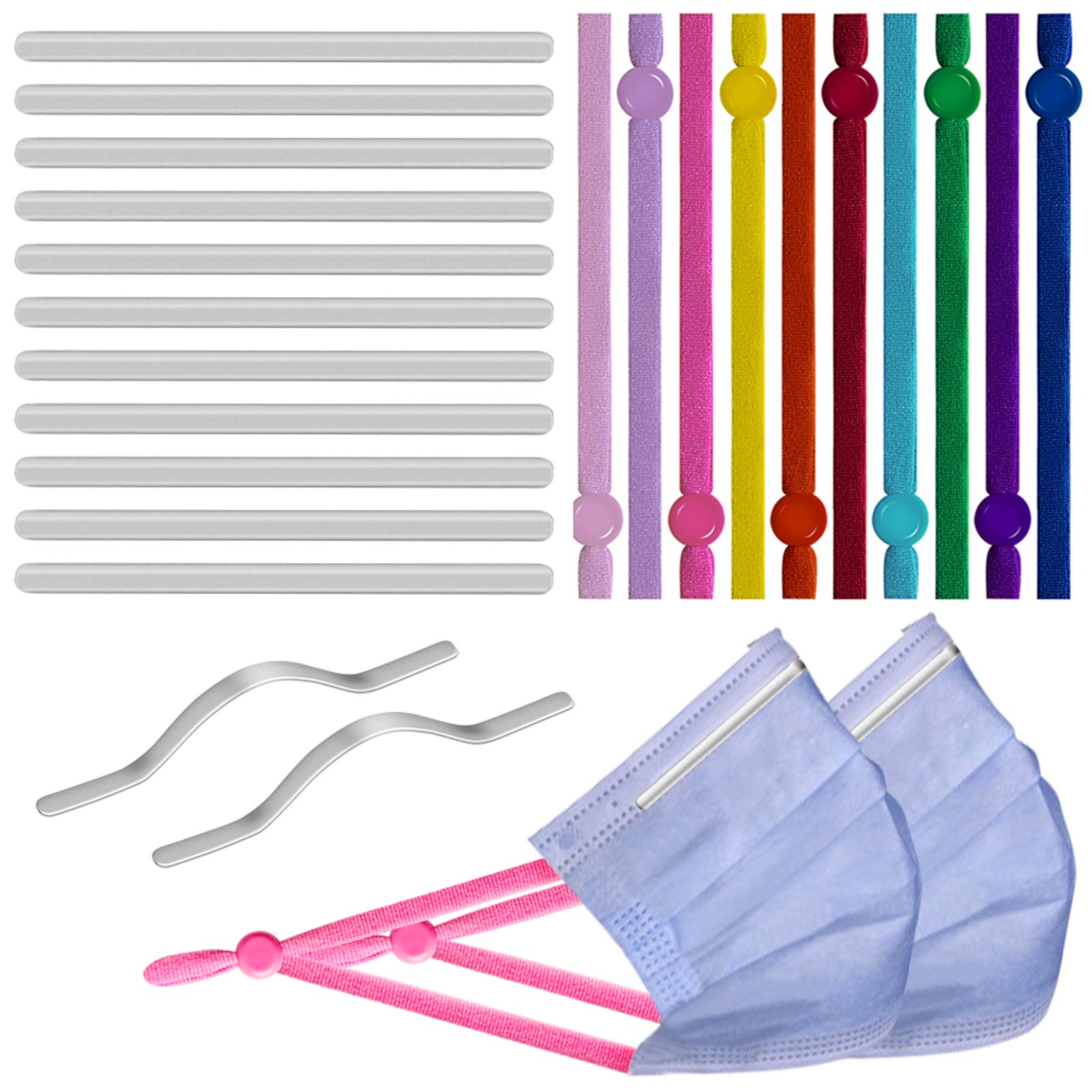Kalolary 200pcs 5mm Flat Elastic Bands with Adjustable Buckle, 100 Pieces Self-Adhesive Aluminum Nose Clips Bendable Metal Strip for Adult Children Face Cover Making DIY Crafts Supplies (10 Colors)