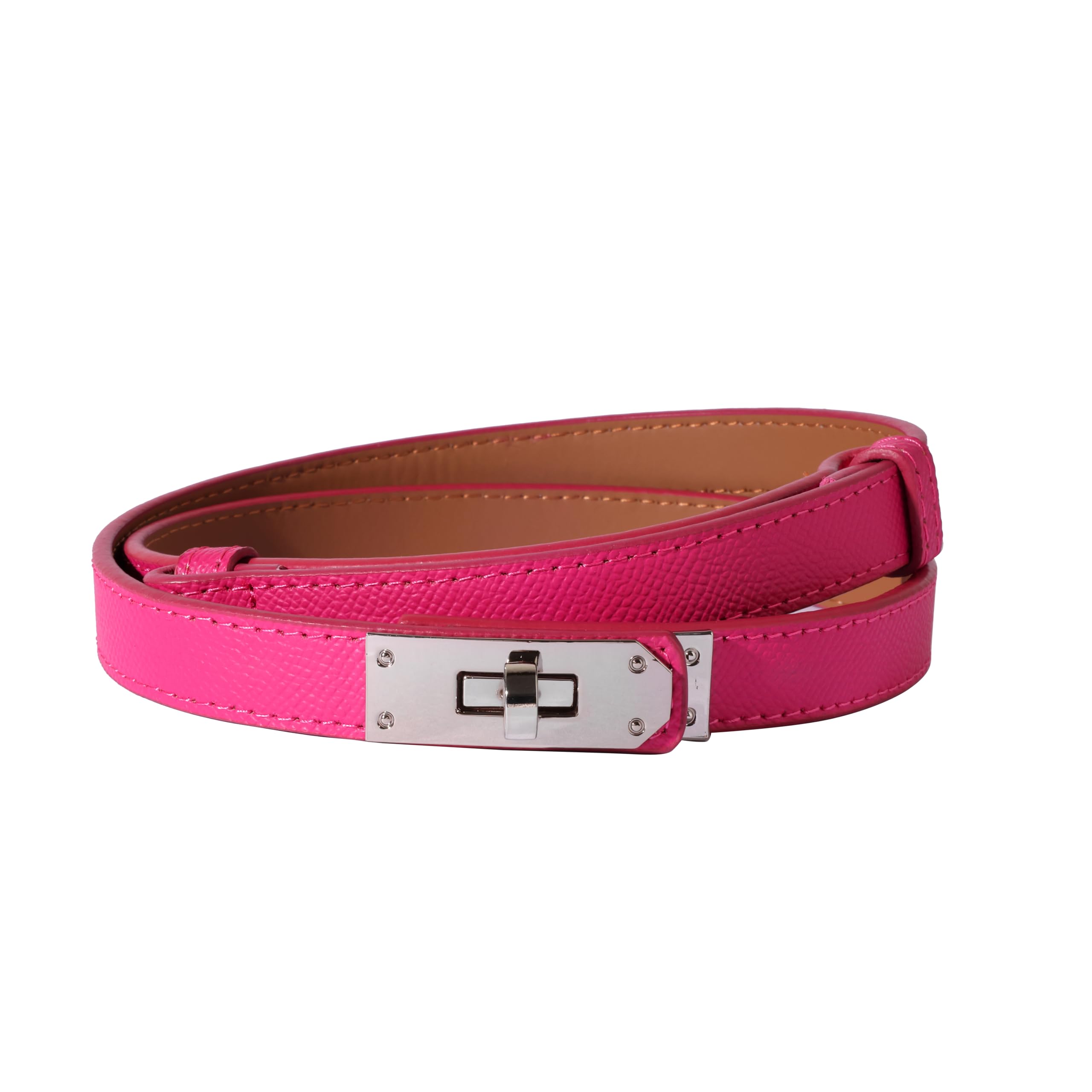 Ovekaut Women Skinny Leather Belt Solid Color Alloy Turn Lock Adjustable Waistband for Dresses Jeans Coats, Rose / Silver, Adjustable