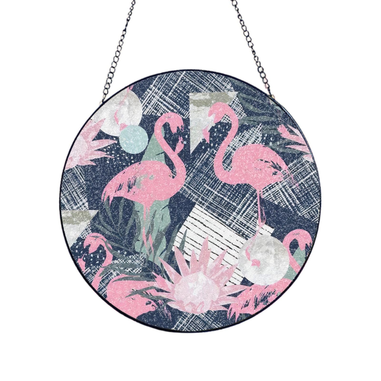 Phayah Pink Flamingo And Leaves Print Stained Glass Window Hanging Suncatcher For Door Terrace Garden Home Decor Sun Catcher Birthday Gifts For Lovers Dad Mom 12in（30cm）