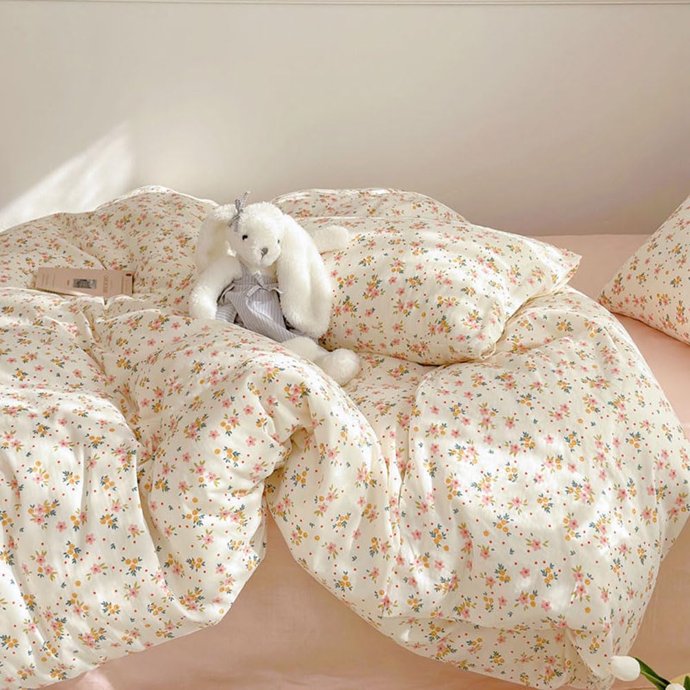 Covebett Double Bed Duvet Cover Sets Beige Pink Yellow Flowers Floral Print Microfibre Bedding Set 3pcs Botanical Pattern Aesthetic Quilt Cover 200x200 with Zipper Closure and 2 Pillowcase 50x75 cm - Image 4