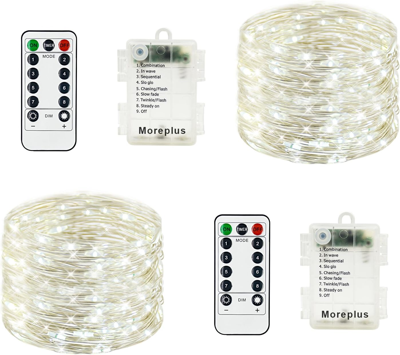 Moreplus 2 Pack Battery Operated Fairy String Lights Waterproof 8 Modes 33ft 100 LED Silver Wire Decorative Lights with Remote Control for Outdoor Indoor Bedroom Garden Wedding Christmas (White)
