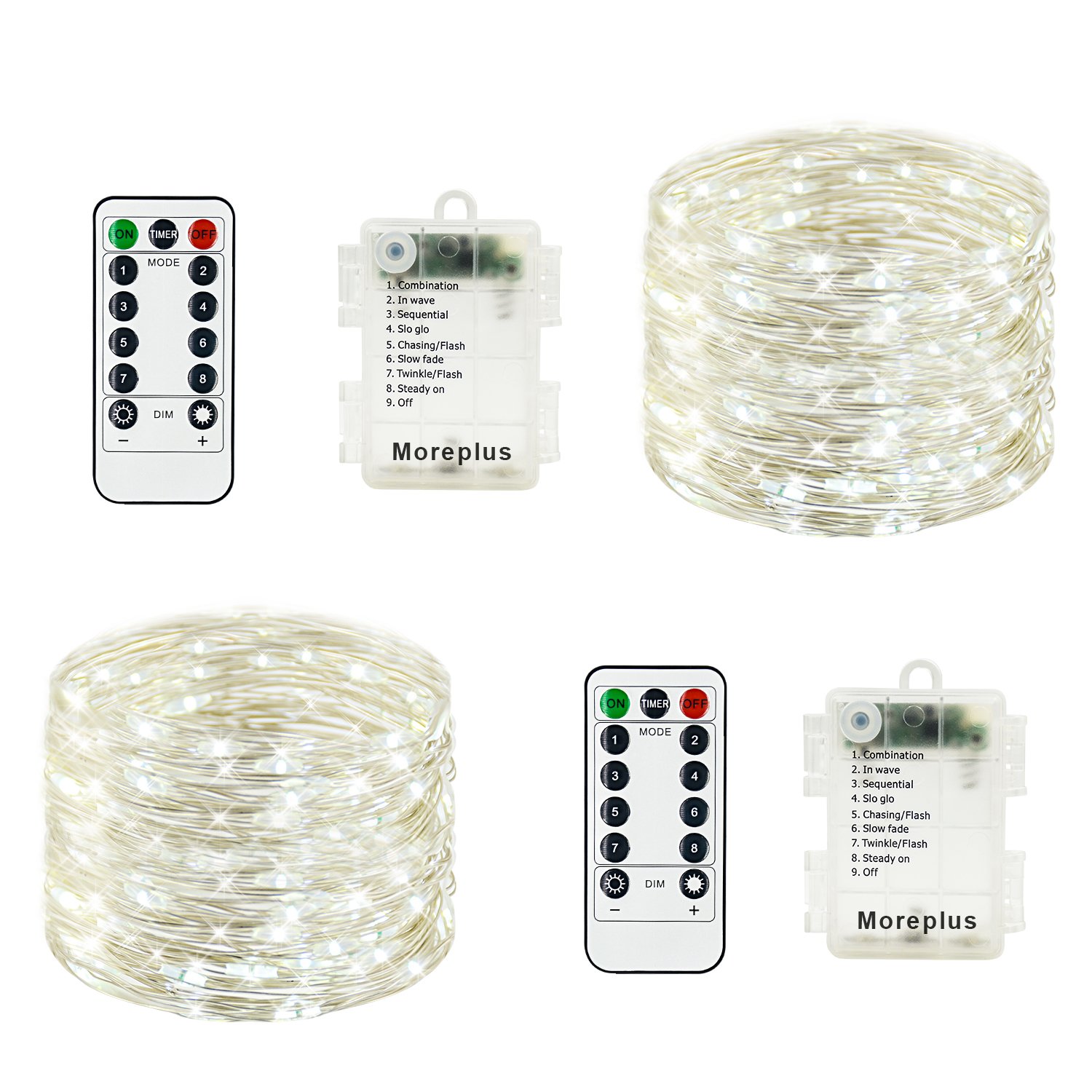 Moreplus 2 Pack Battery Operated Fairy String Lights Waterproof 8 Modes 33ft 100 LED Silver Wire Decorative Lights with Remote Control for Outdoor Indoor Bedroom Garden Wedding Christmas (White)