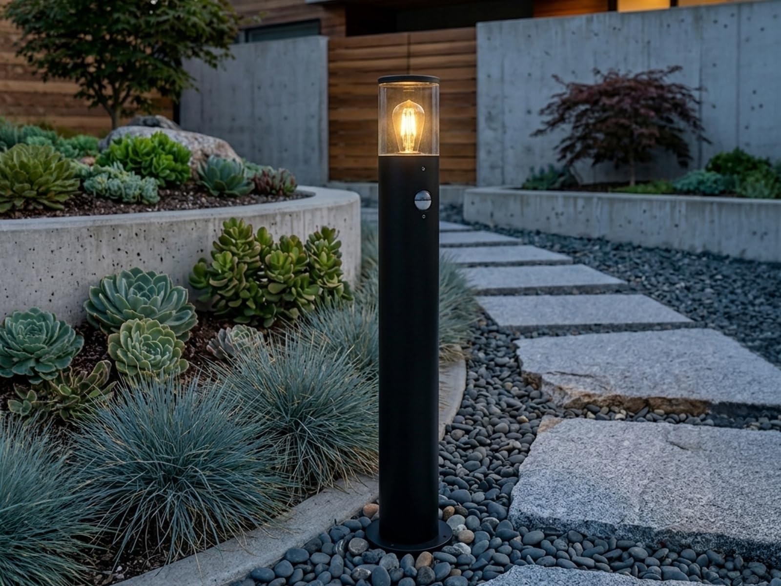 meineWunschleuchte Wege-Leuchte mit Bewegungsmelder Schwarz Rauchfarbig | mit E27 LED, Höhe 80cm, aus Aluminium, moderne Pollerleuchte, Schutzklasse IP44, für Wegbeleuchtung Garten Außen