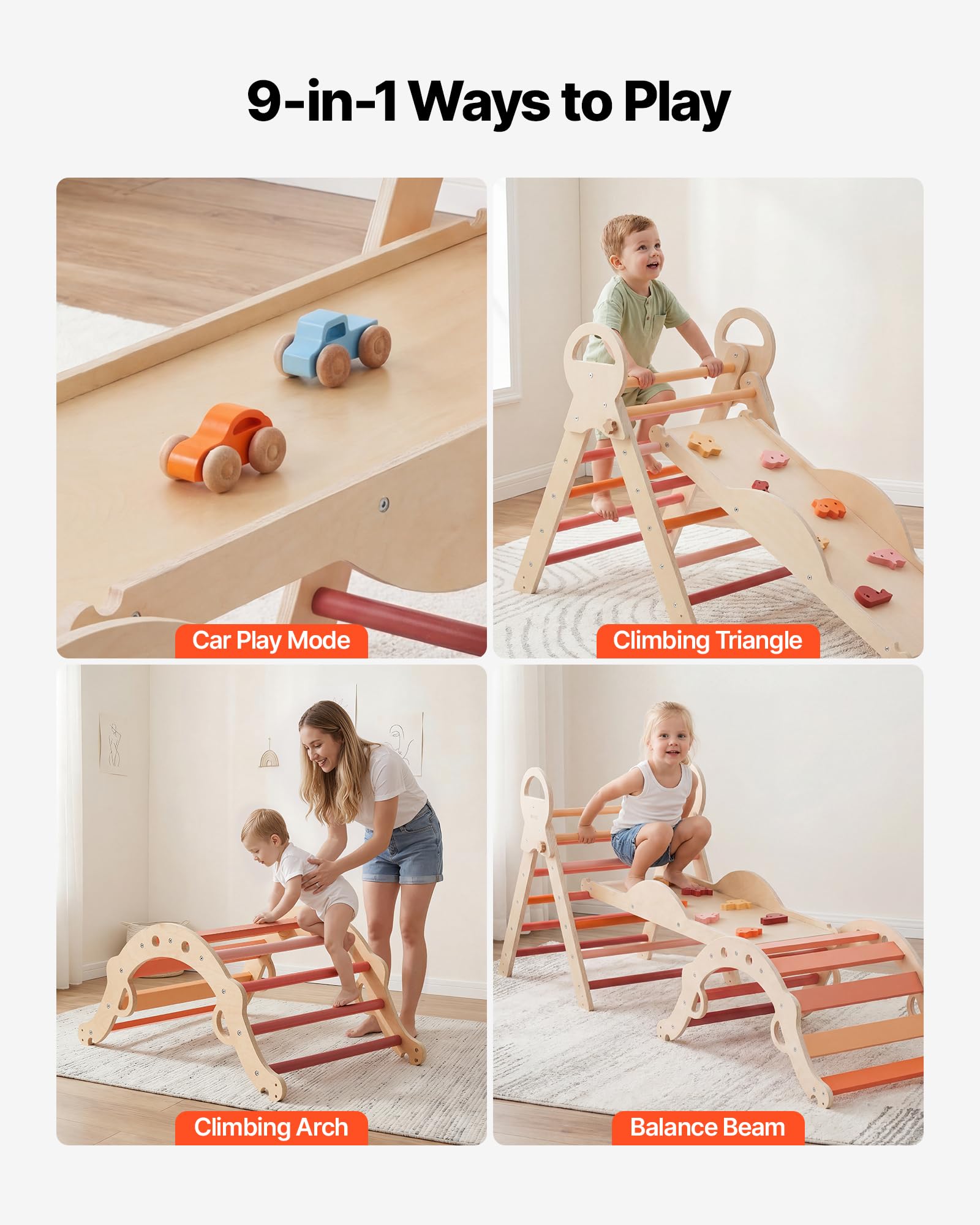 VEVOR Kletterdreieck, 9-in-1 Kletterspielzeug, mit Holzautos, Kissen, Kletterdreieck, Rutsche & Kletterbogen, bis 68 kg, Montessori Indoor Spielset für Kinder im Alter von 1 bis 3 Jahren, Orange