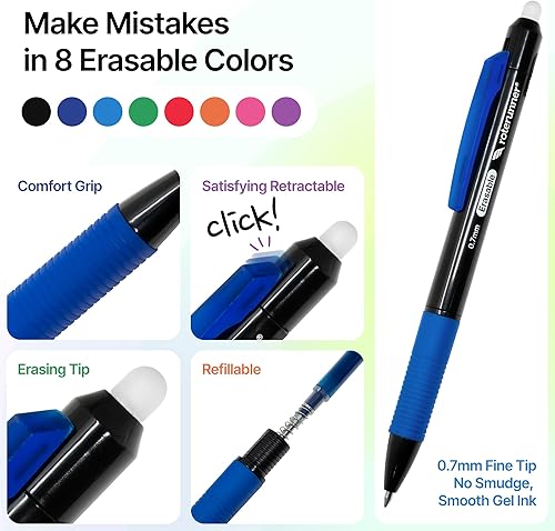 Miniatura 2 de Roterunner 8 bolígrafos de gel multicolor borrables con recambios de tinta de 0.028 in retráctiles de punta fina y suave, bolígrafos borradores para