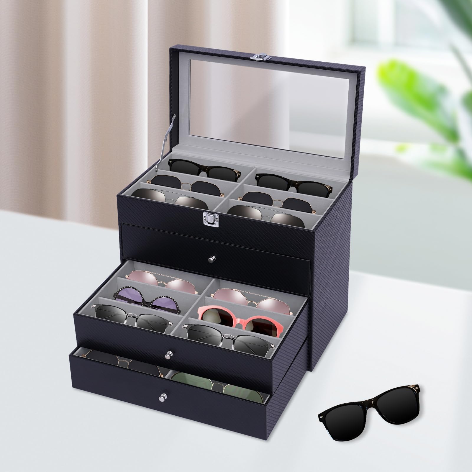 Dfmyhked 4 Layers Leather Sunglasses Storage Organizer, 24 Slots Multiple Pairs Glasses Storage Case, Slots Display Case Box For Storing Glasses, Bracelets