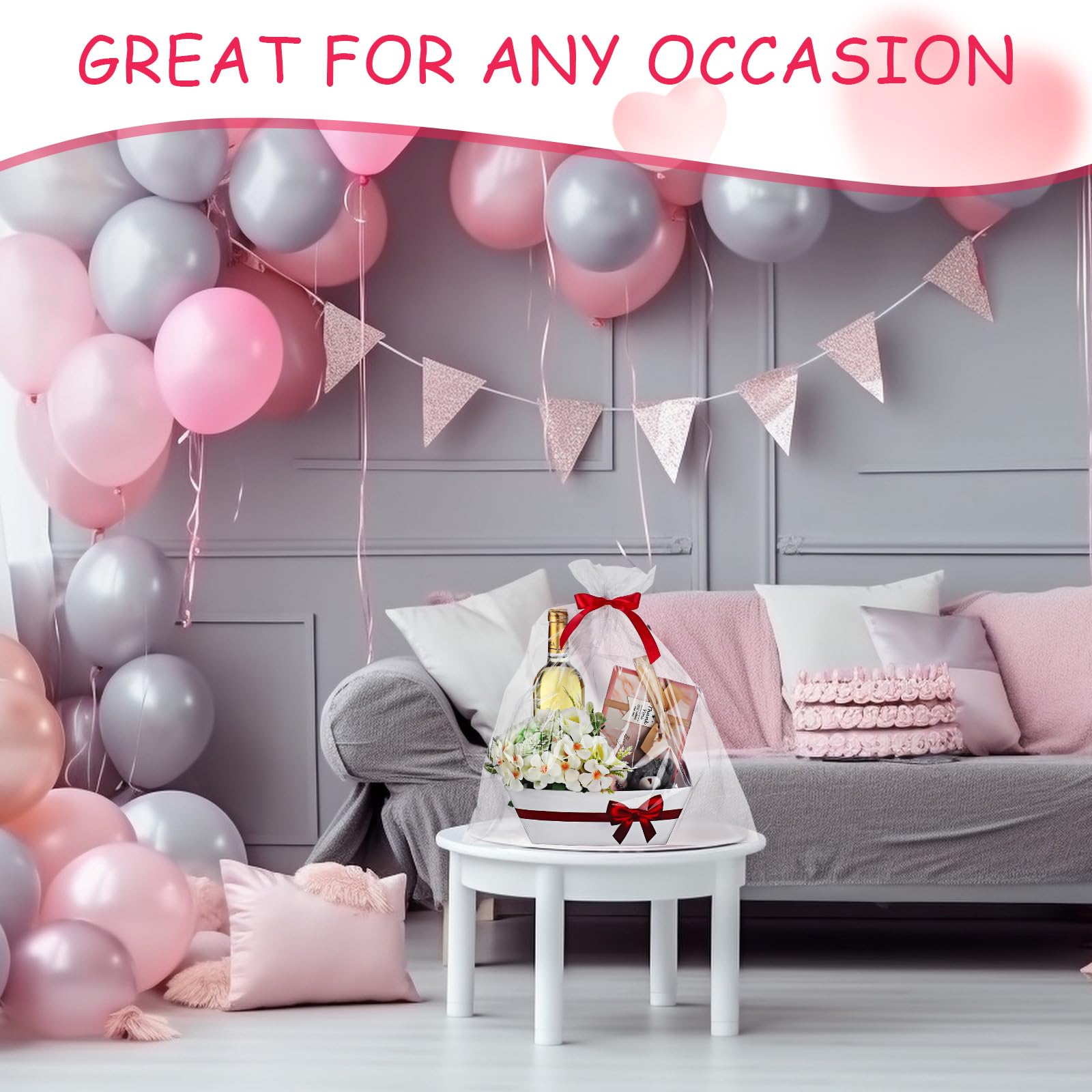 RattanView Kit da 12 cestini vuoti per confezioni regalo, 6 cesti per vino, 6 sacchetti di cellophane, kit da riempire per baby shower, feste di compleanno, regali (bianco, nastro rosso)