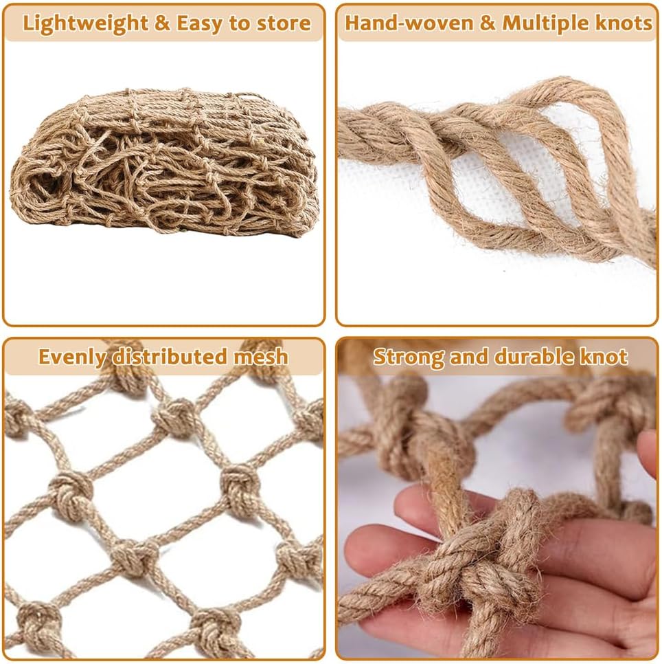 Amacthysh Jute Hemp Rope Net,Safety Rope Netting,Balcony Stair Railing Protection Net,Plant Climbing Support Nets,for Indoor Decor,Outdoor Fence Isolation,8 mm/10 cm,1 * 1.5m