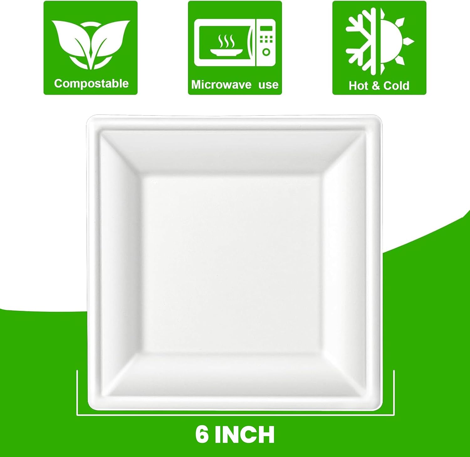 Compostable Square Plates 6 in 250 pack, Biodegradable Eco-Friendly Dinnerware, Disposable Party Plates for Hot & Cold Food