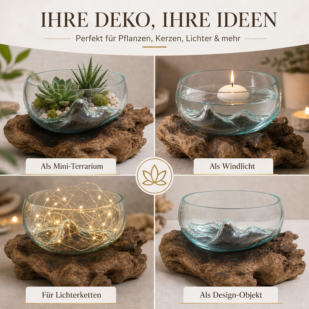 Handgefertigte Deko Glasschale - B-Ware - Unikat Vase auf Wurzelholz - mundgeblasenes Gestaltungselement aus Teakholz - Naturdesign für Tischdeko, Wohnzimmer, Balkon - Ø 18-20 cm Schale L