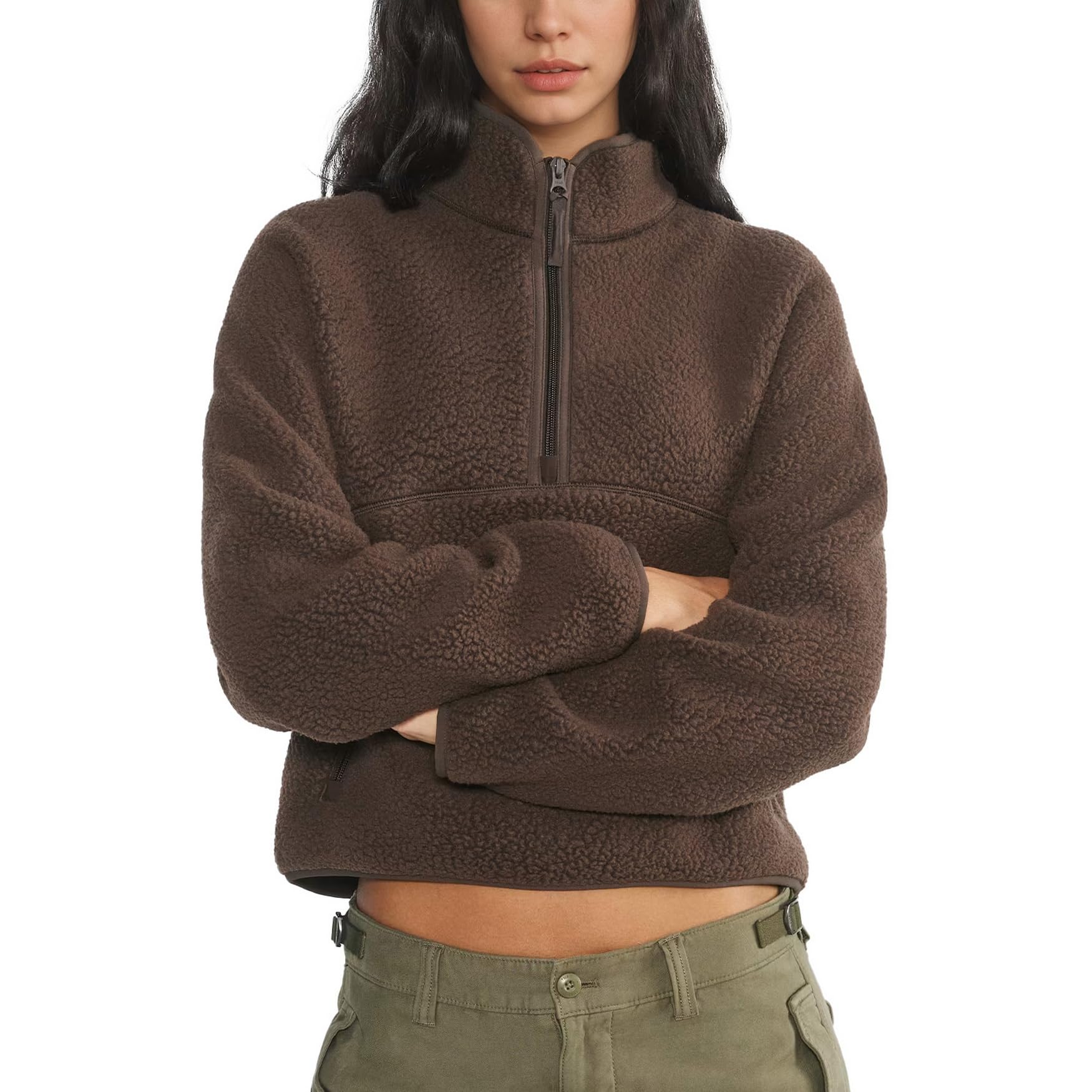 Womens Fleece Sweatshirts Cropped Half Zip Fuzzy Warm Sherpa Pullover Varsity Jackets with Zipper Pockets