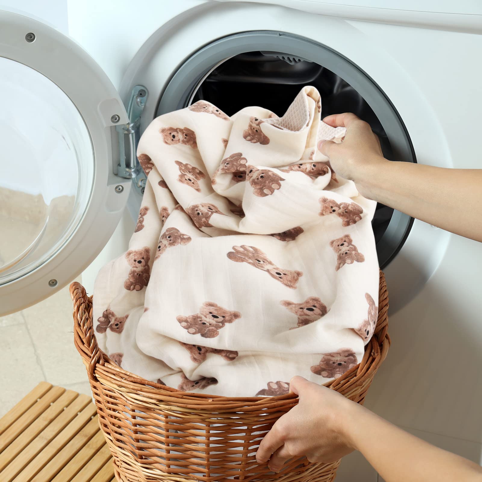 LifeTree Coperte per bambini a nido d'ape, coperte in mussola per ragazzi e ragazze, coperte neutre su entrambi i lati con parte anteriore in mussola e retro a nido d'ape, motivo orso
