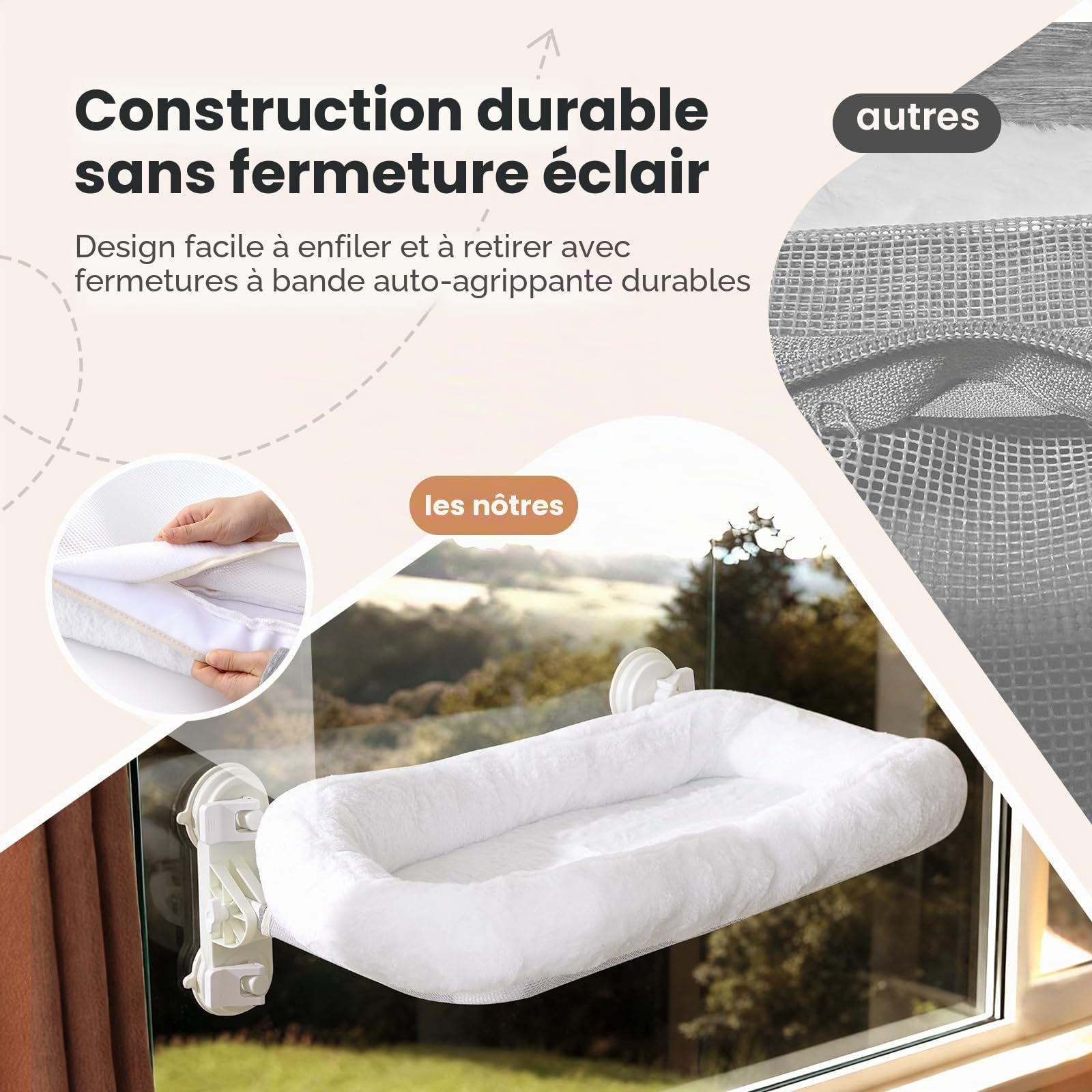 Gardner Pet Hamac Chat Fenêtre avec Coussin Lavable 71x43cm， Hamac Stable et Confortable avec 4 Ventouses Puissantes, Lit Suspendu pour Grand Chat Charge Maximale 25 kg - Blanc