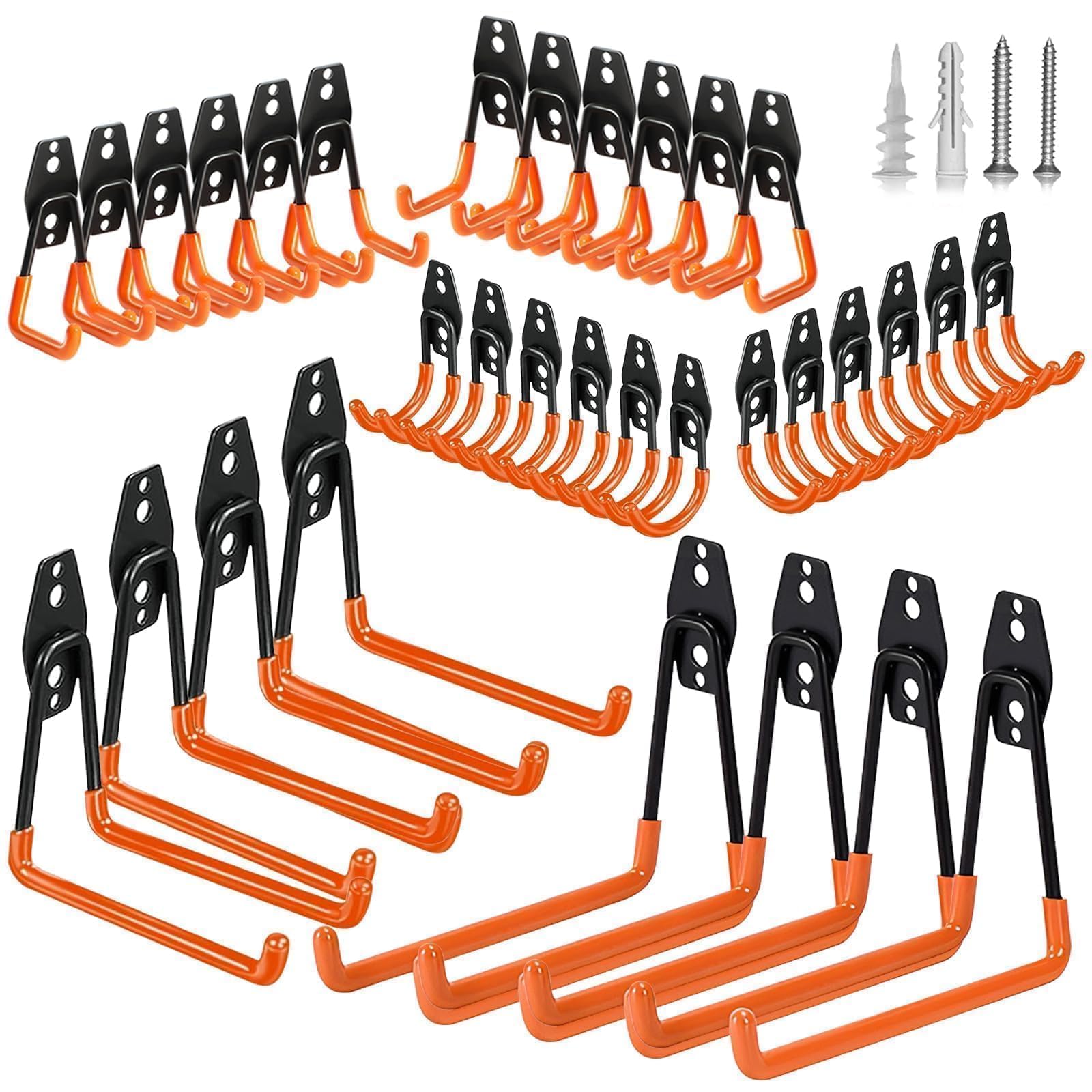 32 Pack Garage Hooks, Heavy Duty Steel Tool Hanger&Organizer for Wall Mount Storage, Ladders, Bikes, Power Tools, Utility Steel Garden Tool Organizer with Anti-Slip Coating (32pcs - Orange)