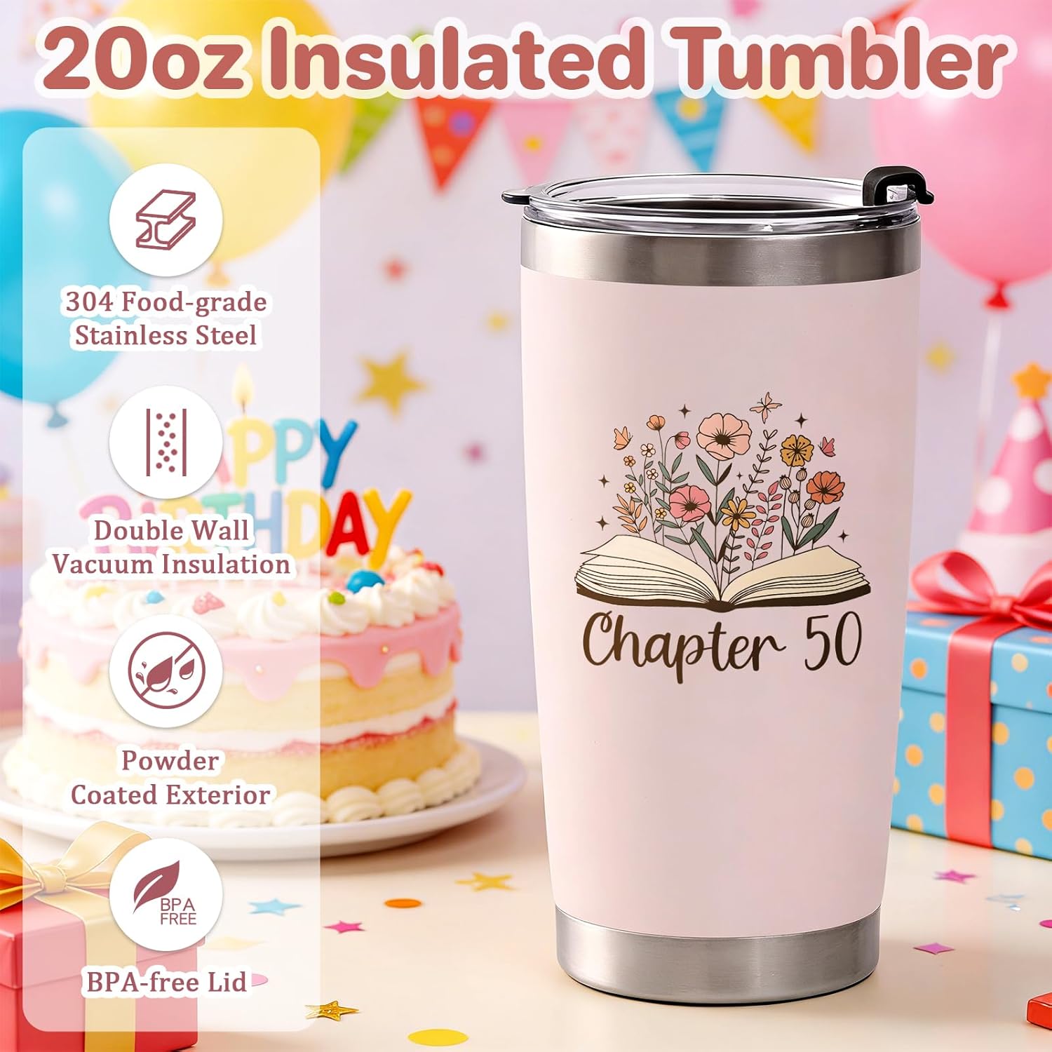 Qtencas 50th Birthday Gifts for Her, Chapter 50 20oz Insulated Tumbler with Lid & Straw, Makeup Bag, Notebook and Ballpoint Pen, Cool Gifts for 50th Birthday Women Sister Friends Wife Aunt Mom - Image 4