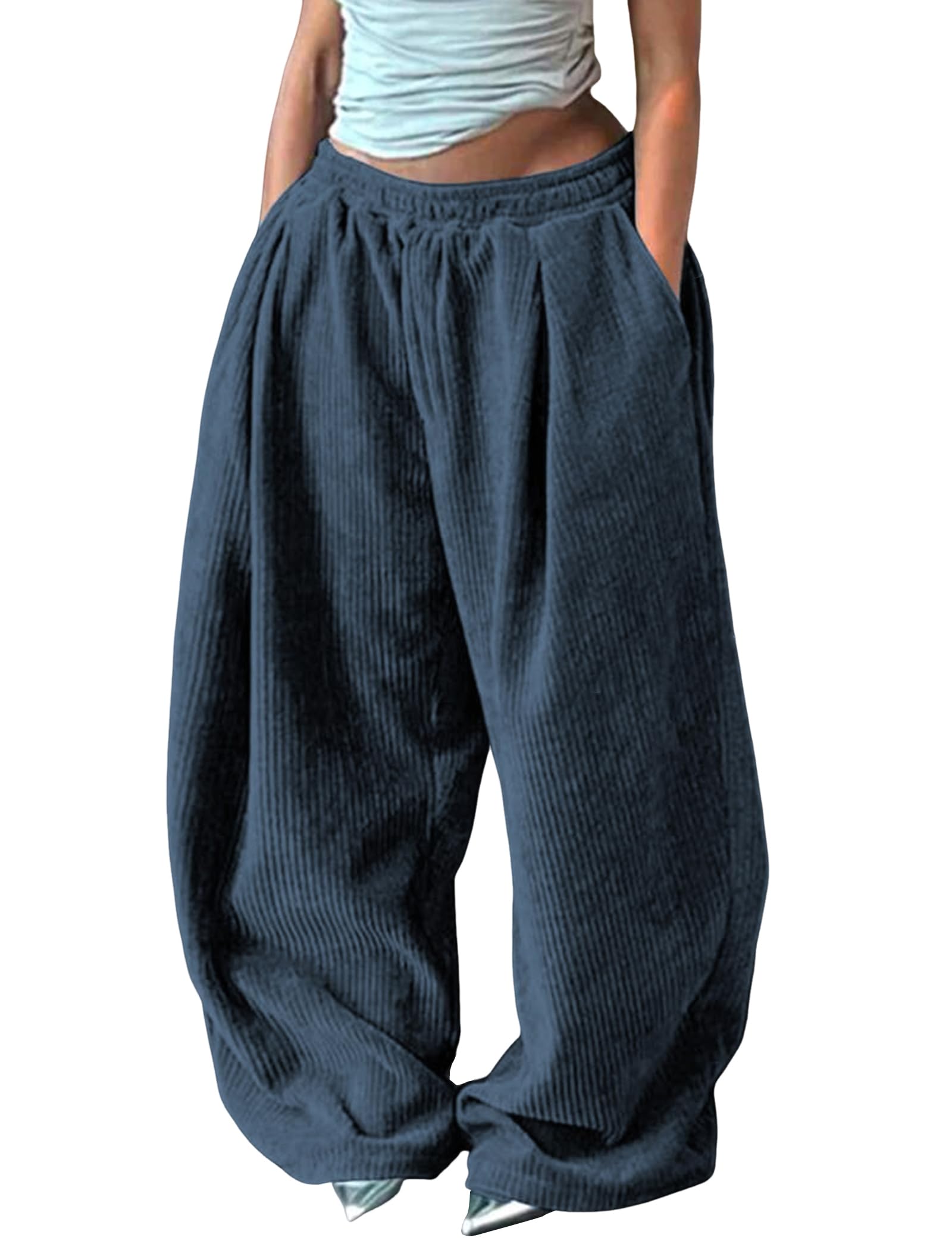ZAFUL Womens Corduroy Pants Baggy High Waisted Wide Leg Pants Retro Loose Fit Casual Trousers with Pockets Navy