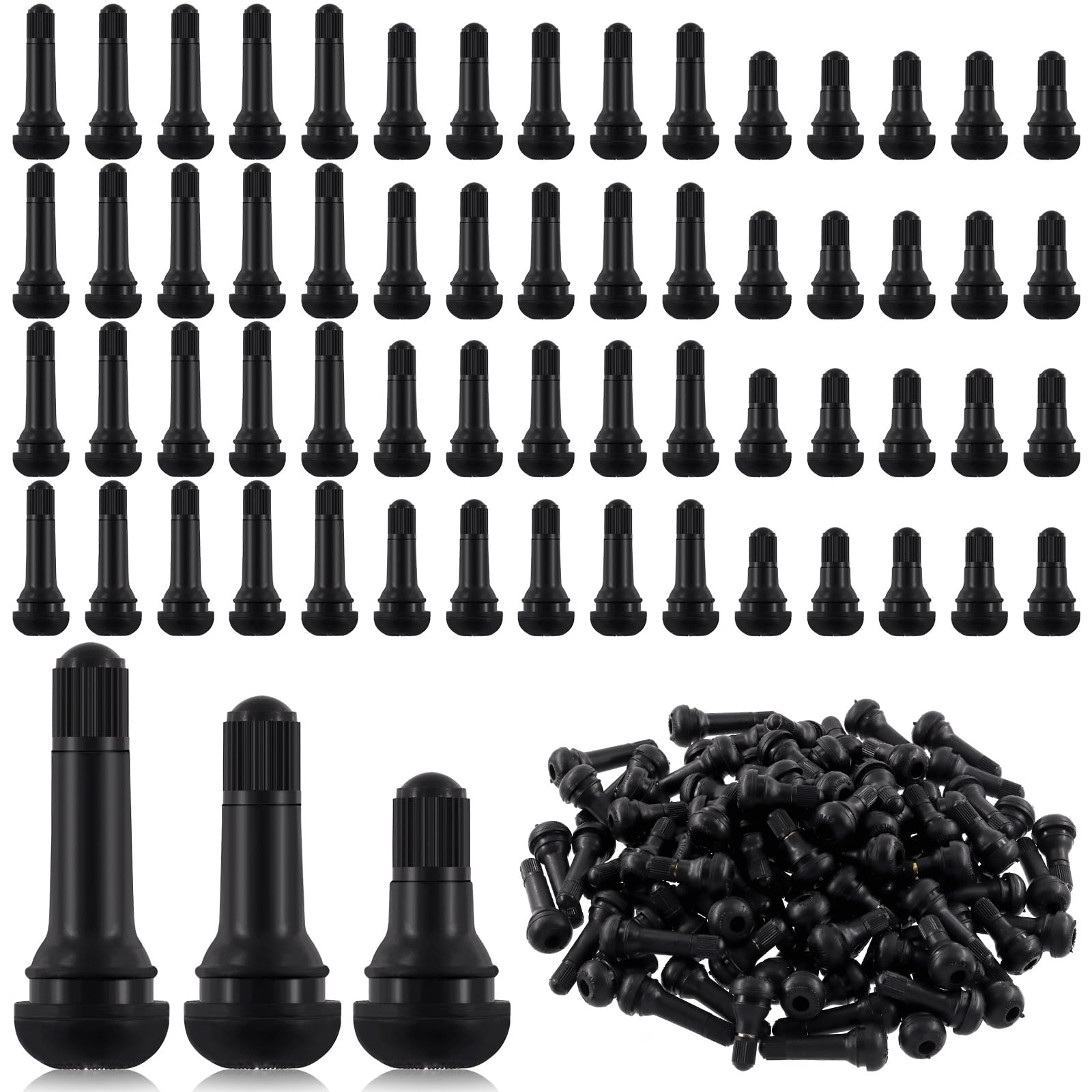 Tanstic 100Pcs Black Tire Valve Stems, Rubber Snap-in Valve Stem, Standard Length Replacement Tubeless Valve Stems for 0.453 Inch Rim Holes on Standard Vehicle Tires (TR412, TR413, TR414)