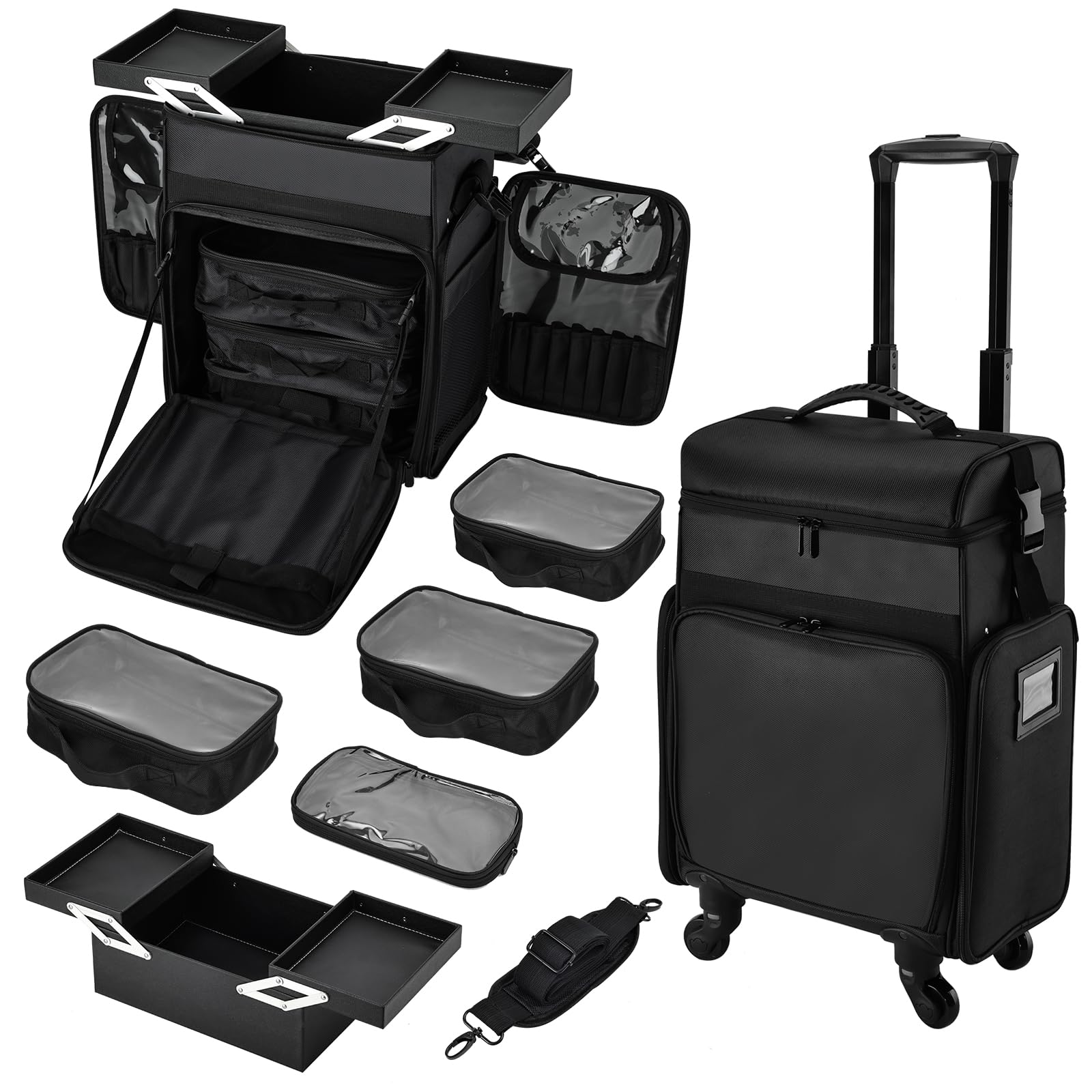 Costravio Rolling Makeup Train Case Professional Cosmetology Travel Trolley Soft Sided Nylon Wheeled Cosmetic Organizer with Pouches for Makeup Artist Nail Technician and Hairstylist