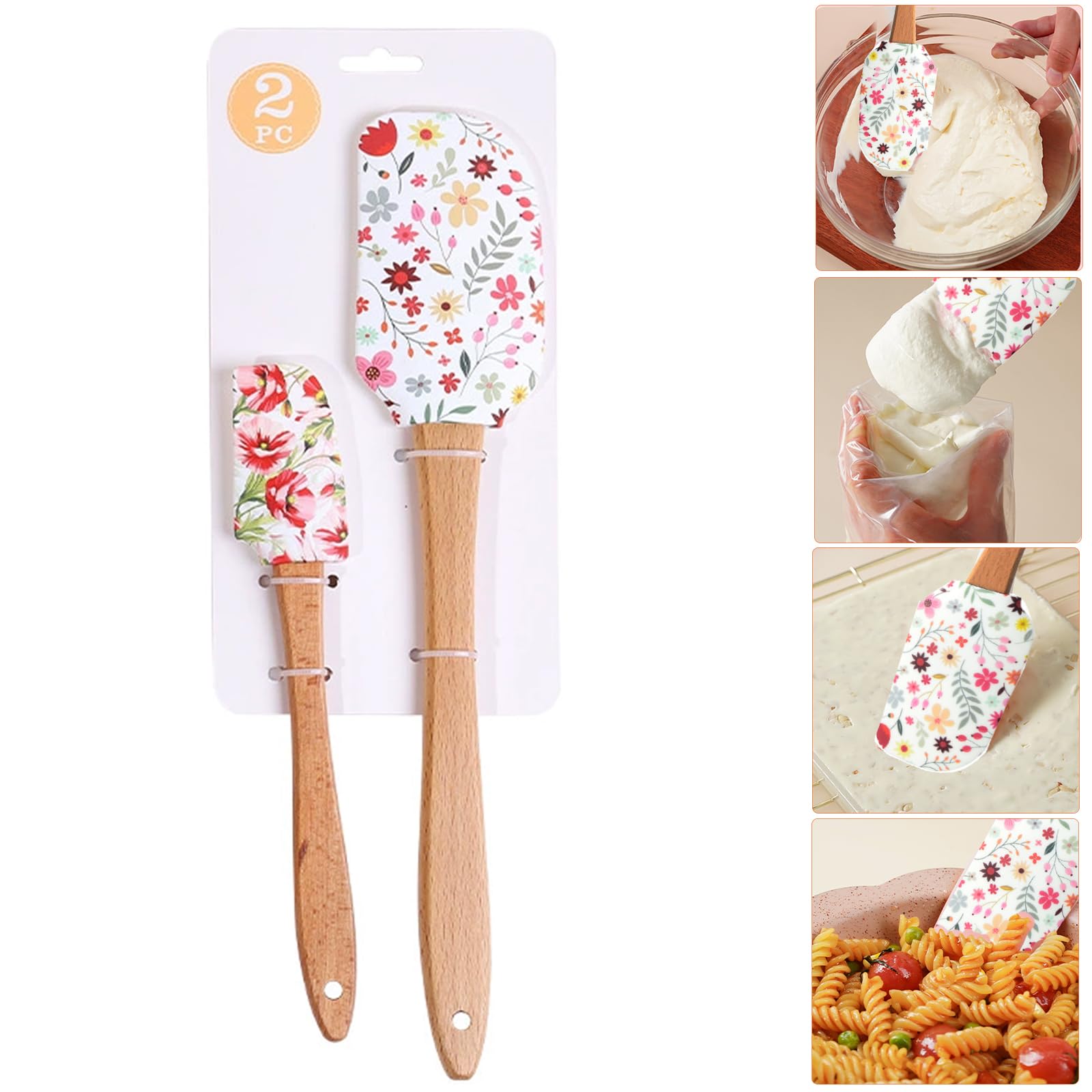 MUFEKUM Silicone Spatula Set, Heat Resistant Detachable Rubber Spatula with Beechwood Handle, Non-Stick Silicone Scraper Kitchen Utensils for Cooking, Scraping, Baking and Mixing (Flower)