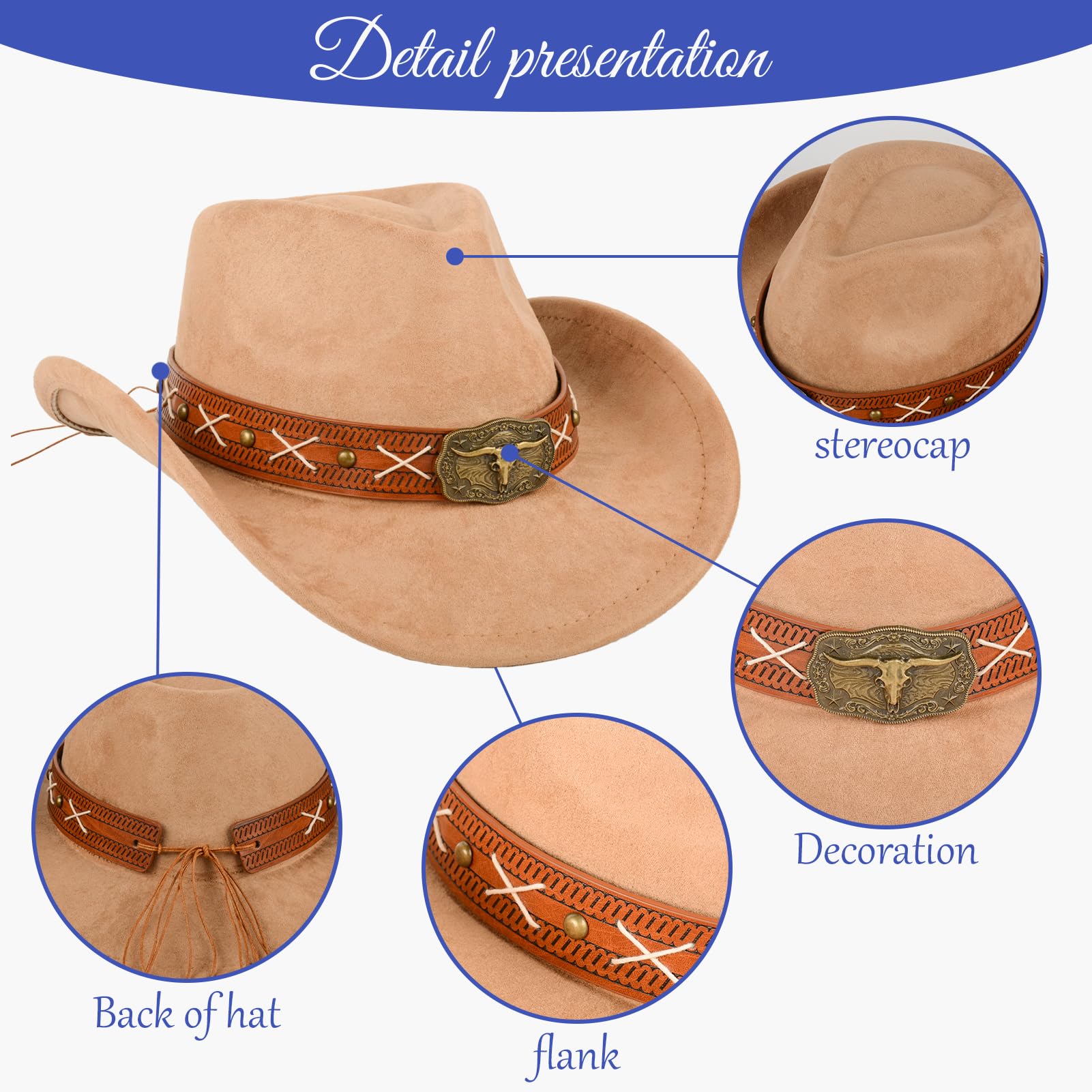 Cappello da cowboy per uomo e donna, con testa in metallo e effetto pelle scamosciata, poliestere traspirante