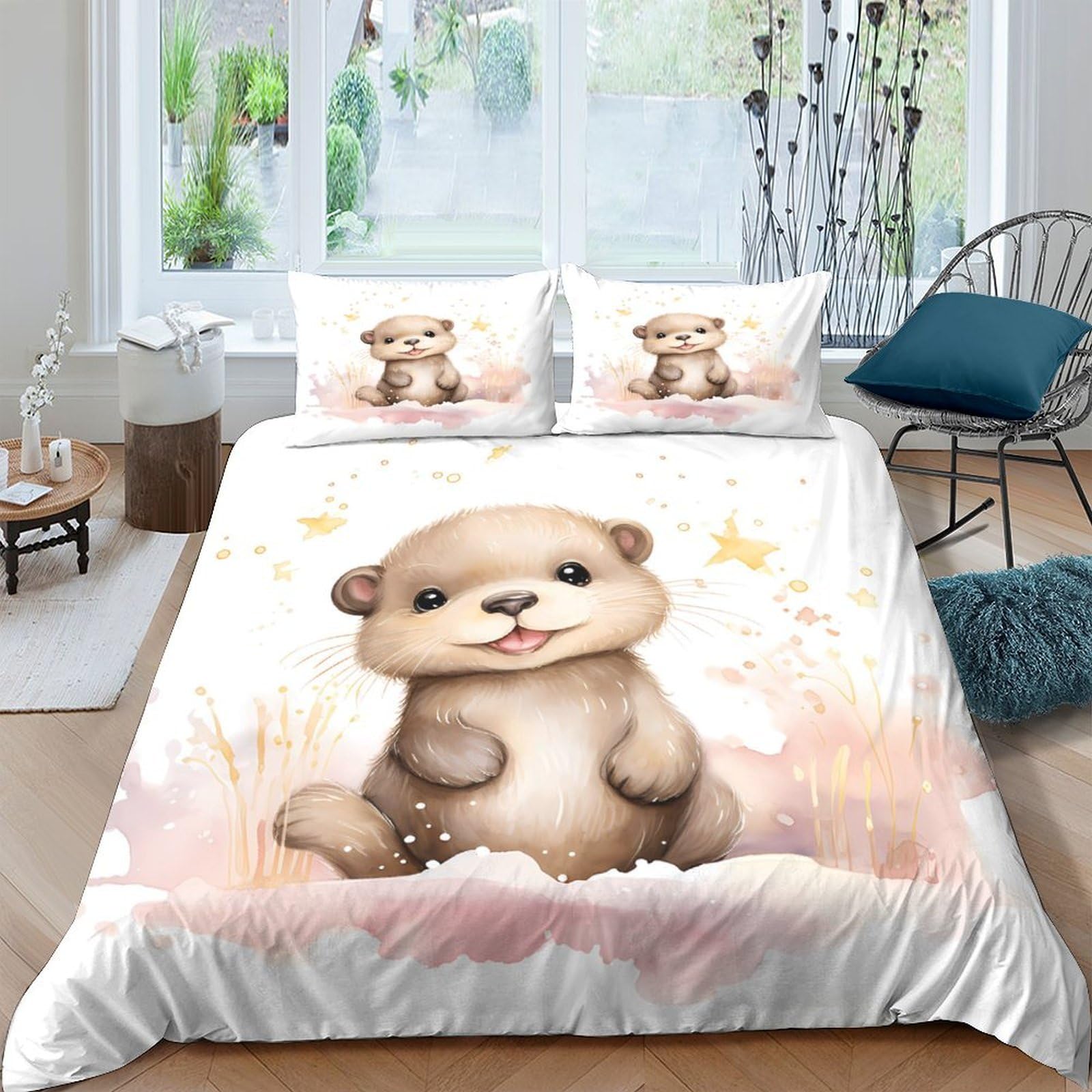 TUFRTGYHN 3D Printed Cute Otter Duvet Cover Set Microfiber Soft Breathable Cartoon Animal Bedding with 2 Pillowcases for Bedroom Single（135x200cm）