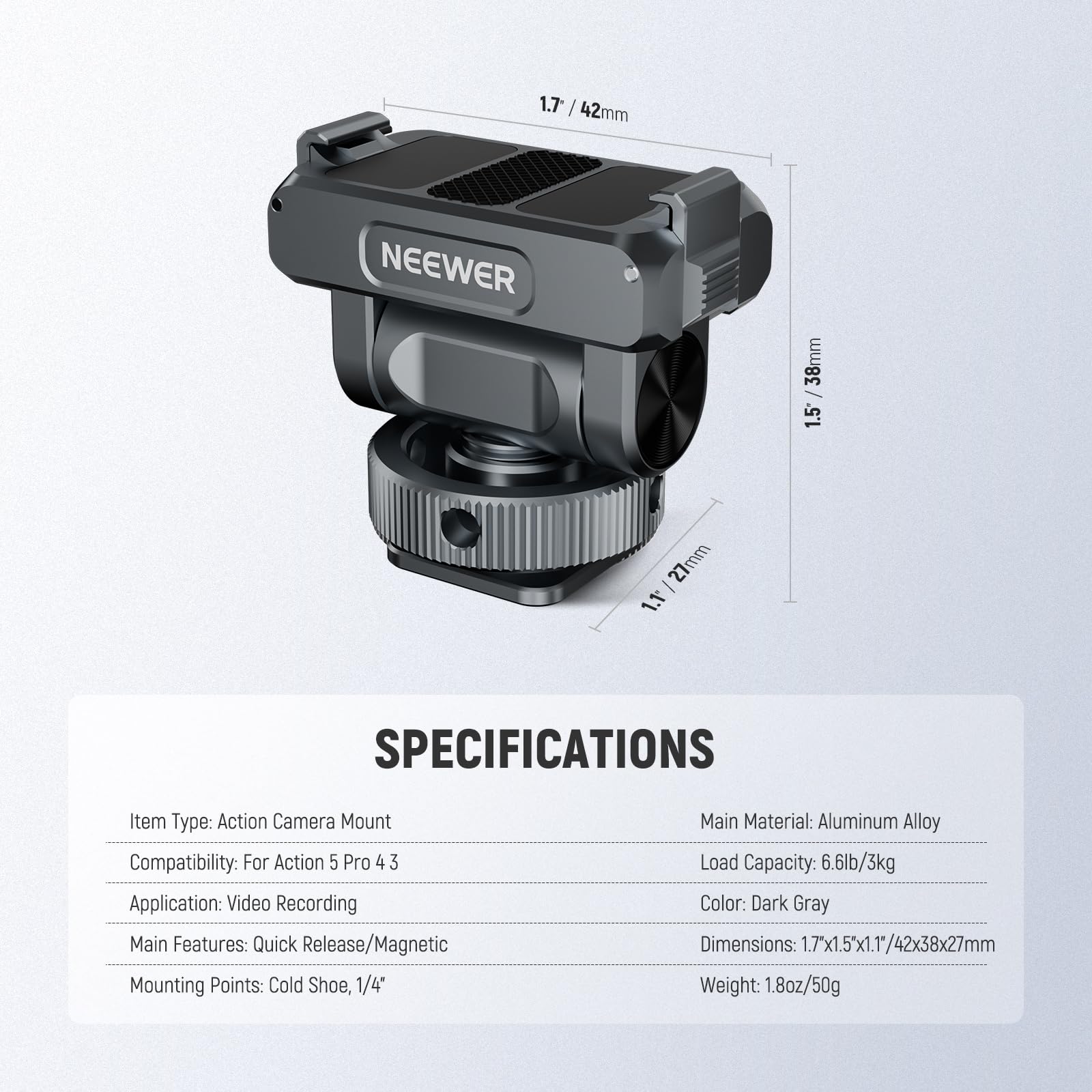 NEEWER Akcesoria do montażu magnetycznego kompatybilne z DJI Osmo Action 5 Pro / 4/3, Quick Release 160° Tilt Action Camera Adapter Mount z zimną stopką, gwint 1/10.2 cm, AC012 ciemnoszary