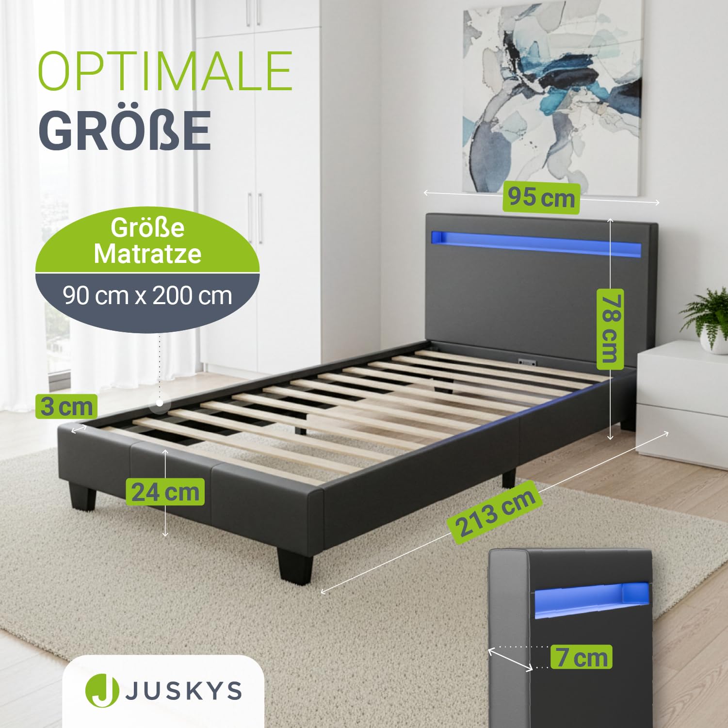 Juskys Polsterbett Paris 90x200 cm mit LED-Beleuchtung, Lattenrost & Kopfteil, Bett mit Gestell aus Holz & Webstoff Bezug, grau