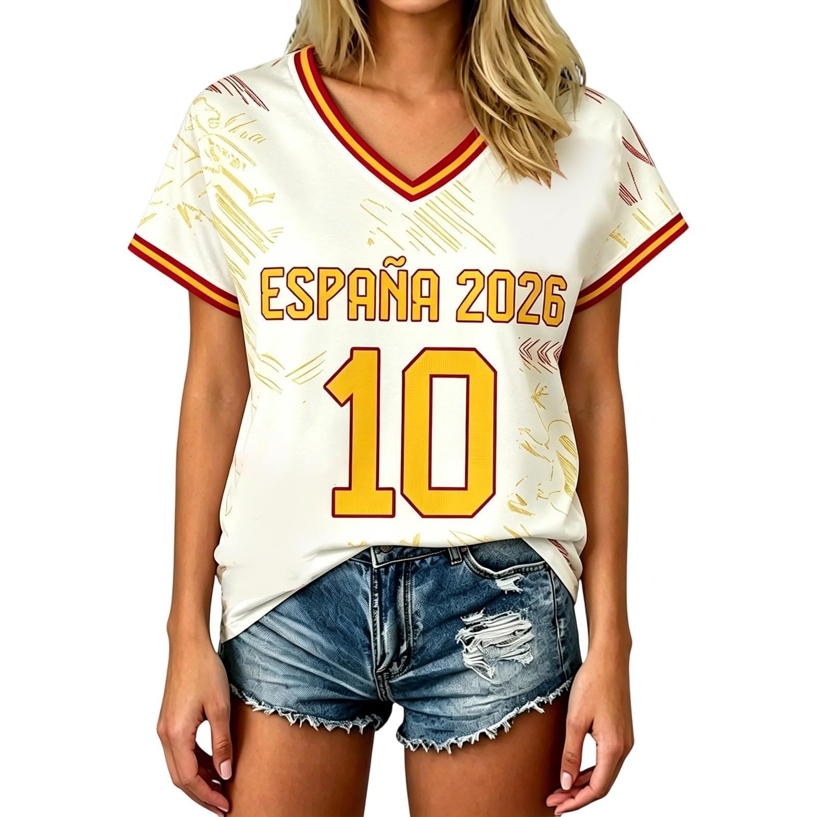 Spain Football T-Shirt for Women Short Sleeve V-Neck Shirts Spain Flag Comfortable Casual Tee Retro Soccer Jersey Adult and Kids Summer Tops (3-Beige, 3-4 Years)
