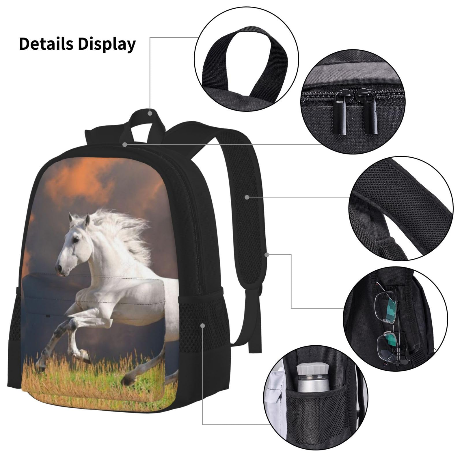 YSOLDA Juego de mochila, mochila escolar, mochila, juego de 3 piezas con bolsa de almuerzo, estuche para lápices,Patrón de caballos blancos
