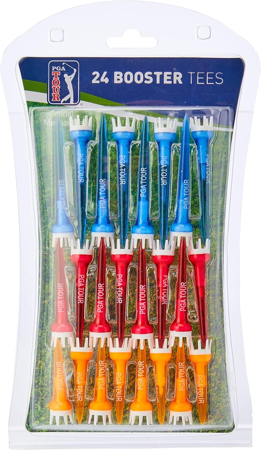 PGA TOUR Booster Golf Tees (24 Pack) - 3.15" (80mm), 2.5" (65mm), 2" (50mm) Polycarbonate Crown Golf Tees in Orange, Blue, Red , Reduced Friction