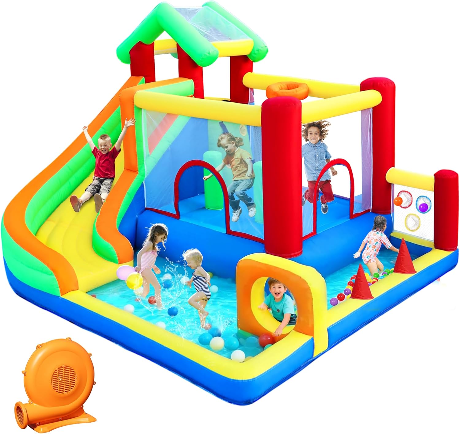 Bounce House, Inflatable Bounce Castle with Blower for Kids Indoor Outdoor, Blow Up Jumping Castle with Ball Pit, Slide, Climbing Wall, Dart Target, Basketball Hoop