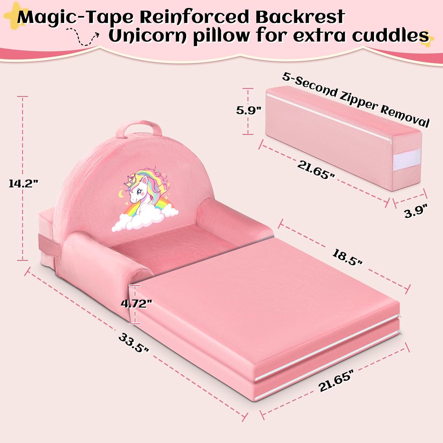 Unicorn Kids Sofa Bed with Removable Washable Cover & ​​Hook and Loop​​ Backrest – Foldable Toddler Chair, Cozy Crystal Velvet Furniture for Playtime, Naps & Travel (Pink, Unicorn Design)