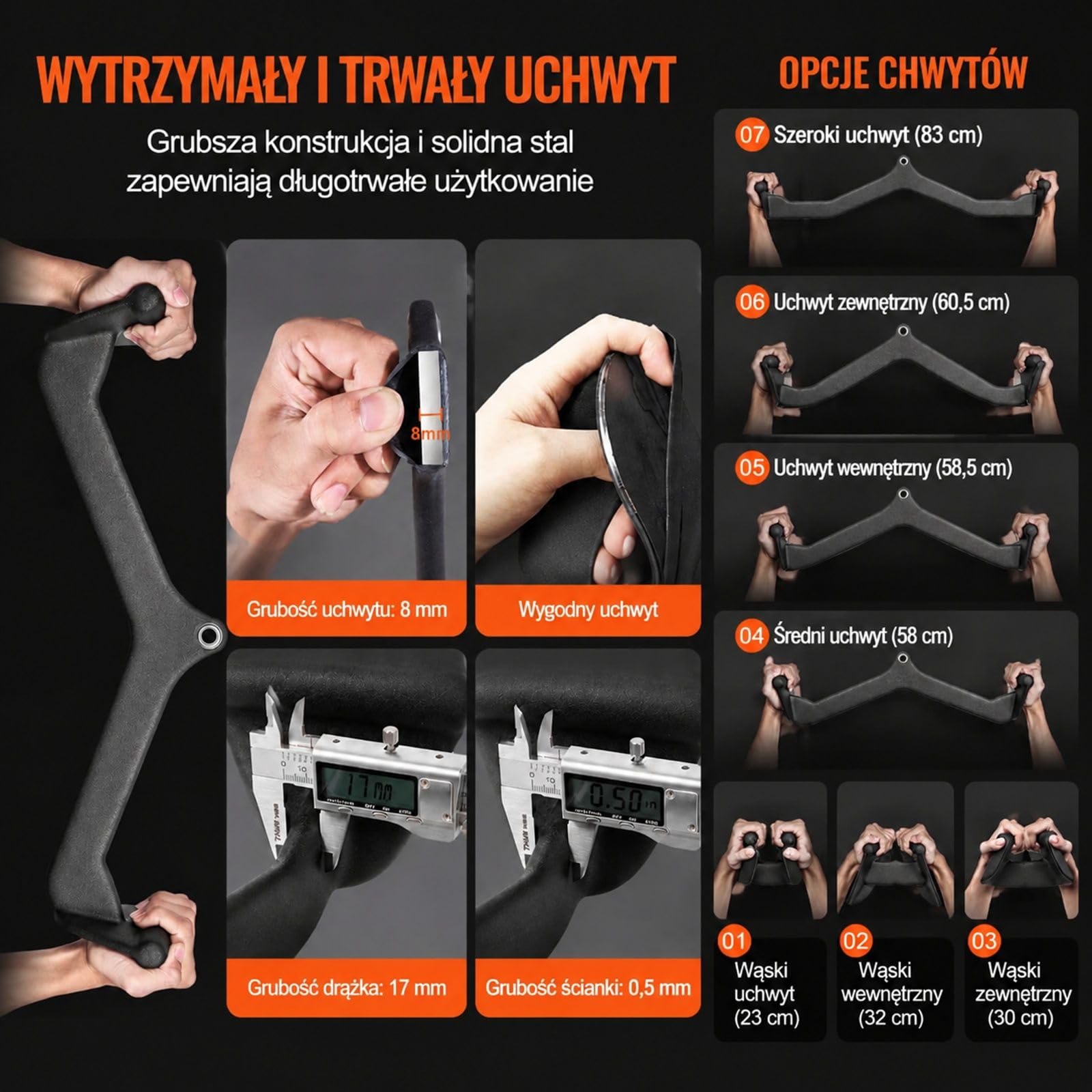 Zestaw akcesoriów wyciągu górnego, 7 elementów, czarna stal lita, uchwyt T oraz V dla maszyny linowej w siłowni domowej