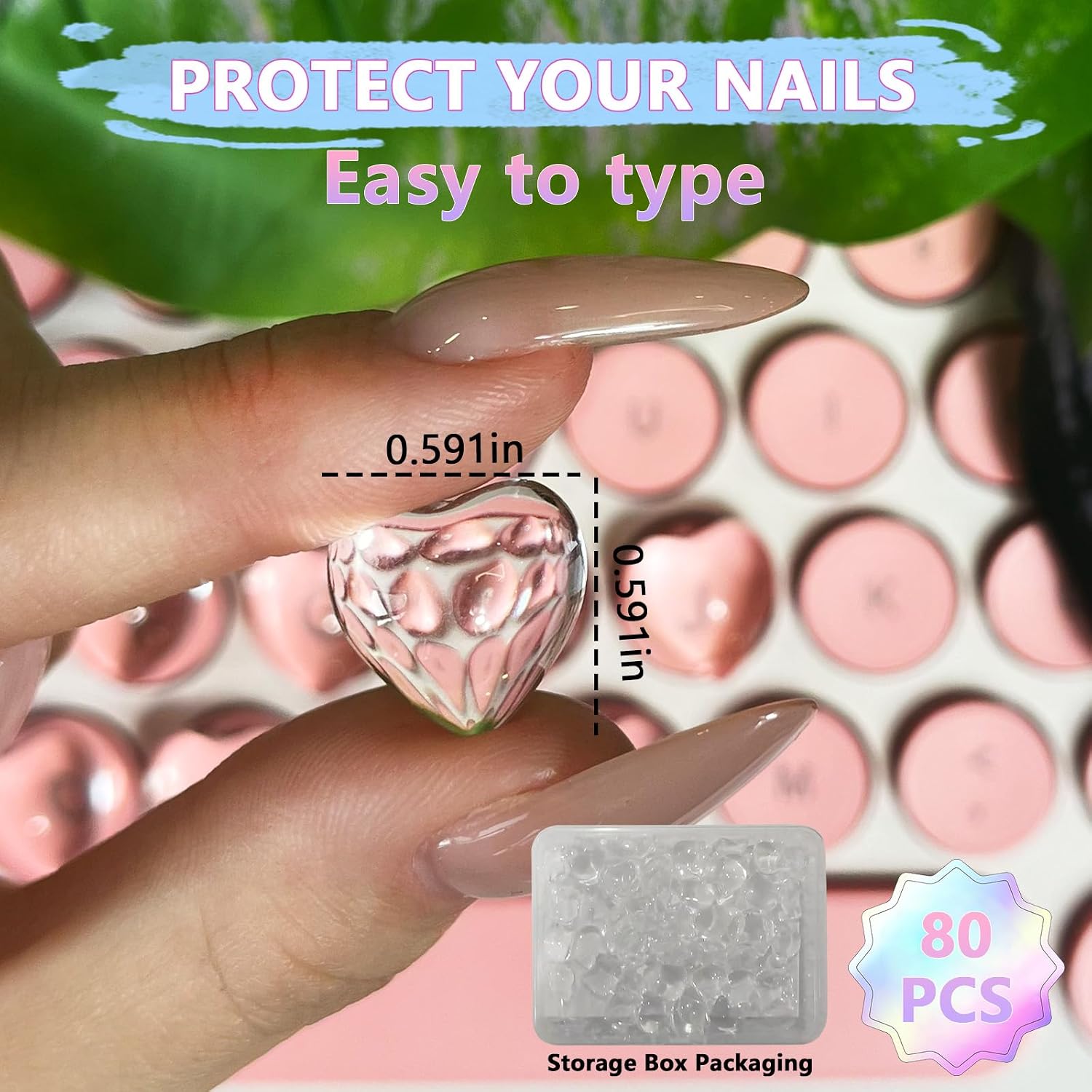 Transparent Glass Nail Keyboard Cover — 80 Raised Keyboard Stickers, Nail-Safe Bubble-Free Typing, Clear PC/Laptop/Desktop/Calculator Key Covers (Love)