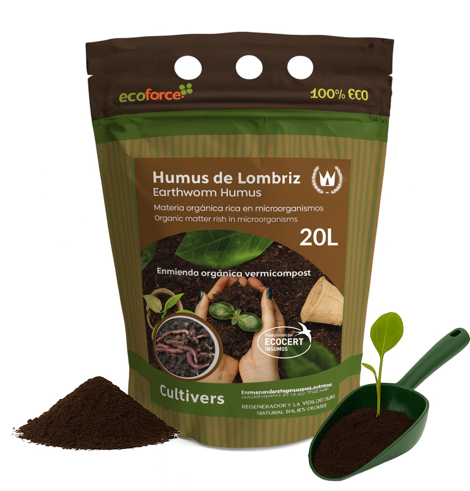 CULTIVERS Humus de ver de terre biologique 20 L certifié | Engrais organique pour plantes et potager | Améliore la structure du sol et favorise le développement végétal