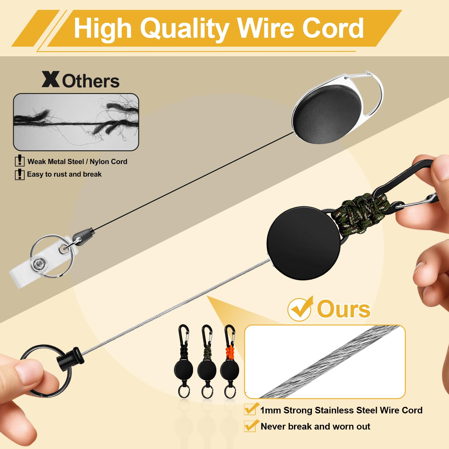 Retractable Keychain 3 Pack Heavy Duty Carabiner Badge Holder Extendable Reel ID Badge Holders Retractable for Keys Ring with 60 cm Steel Cord and Lanyard (): Black+orange+green