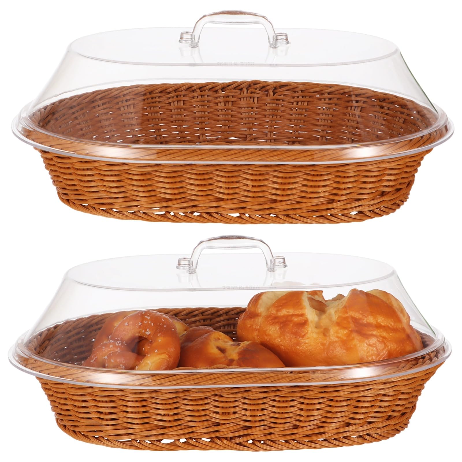 Lot de 2 corbeilles à pain imitation rotin, grande capacité en osier avec couvercle en acrylique, panier à pain tissé avec couvercle transparent